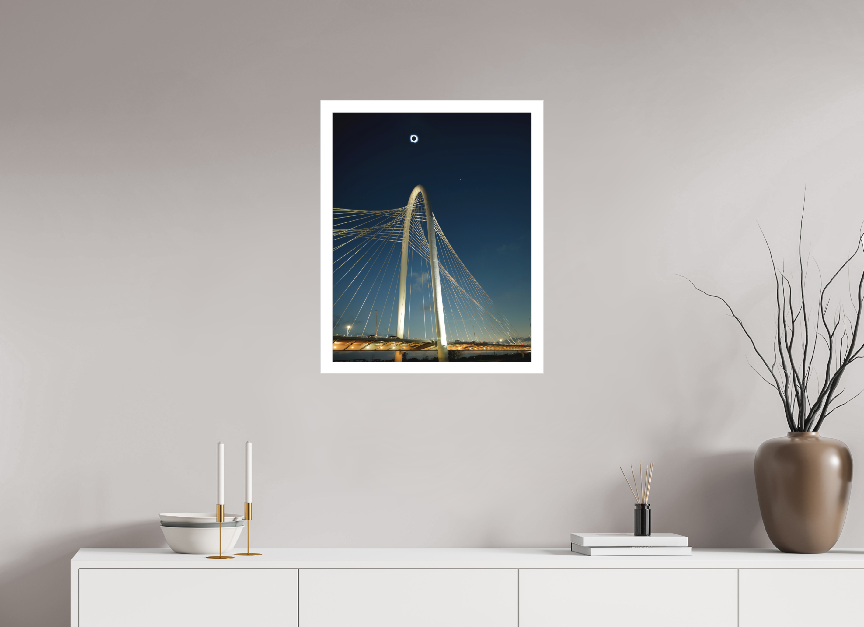 20 x 25″, Bonded Acrylic Mat + Silver Frame 2024 Eclipse: Over Margaret Hunt Hill Bridge