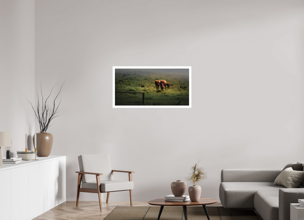40 x 20″, Bonded Acrylic Mat + White Frame Upcountry Maui: Horses in Mist & Light