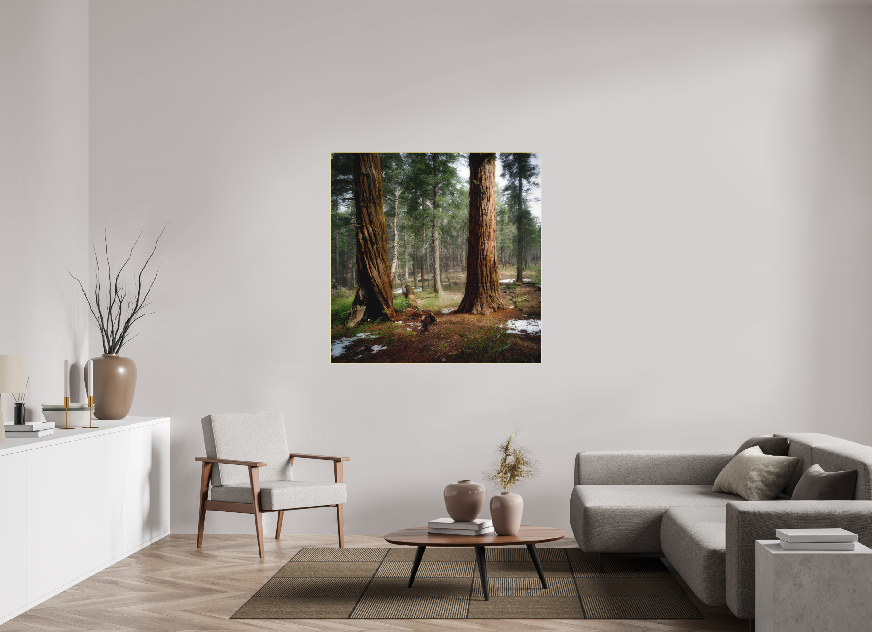 50 x 50″, Bonded Acrylic Gold Frame Northern Sentinels II: The Placer County Sequoias