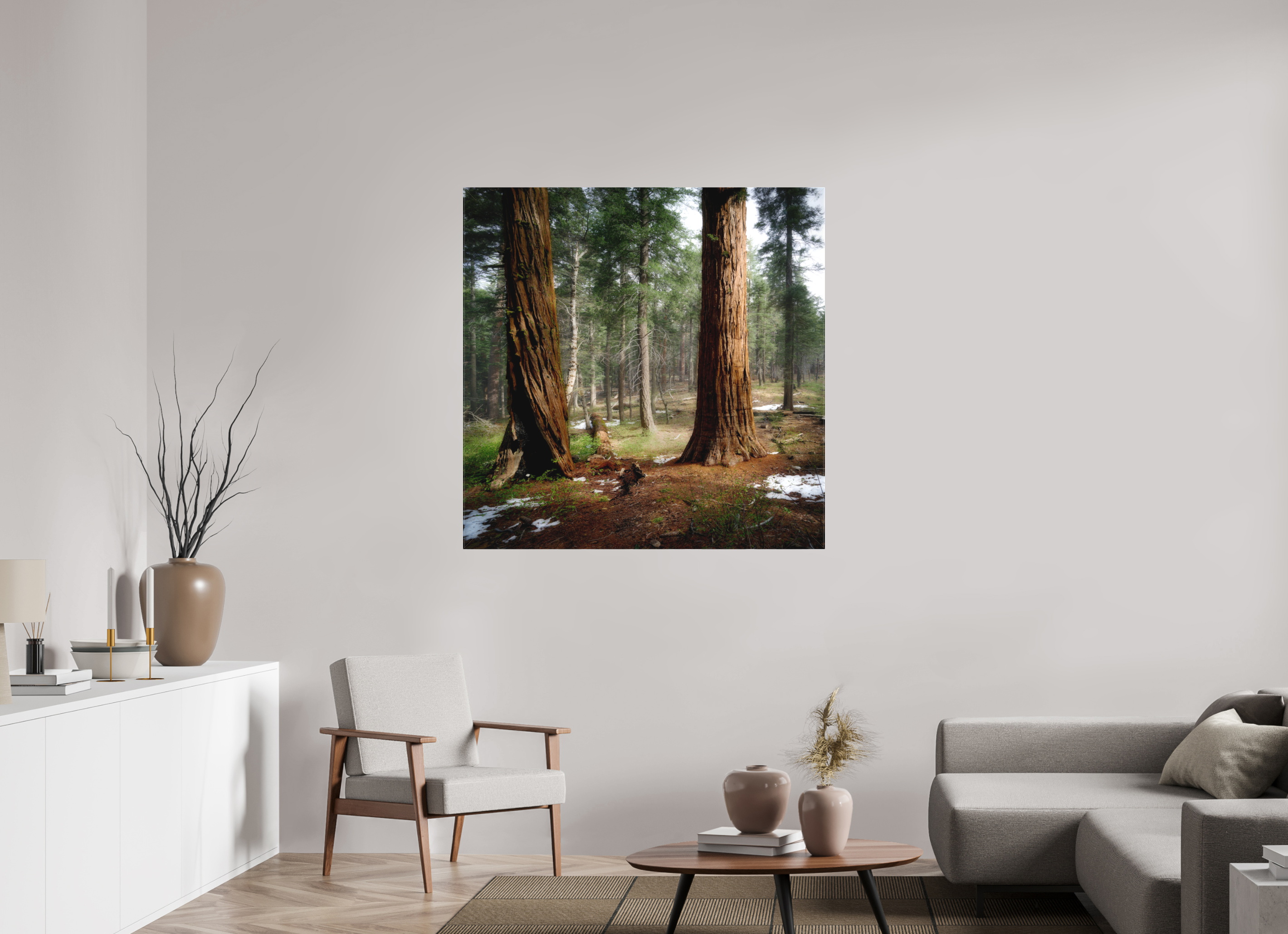 45 x 45″, Fine Art Textile Northern Sentinels II: The Placer County Sequoias