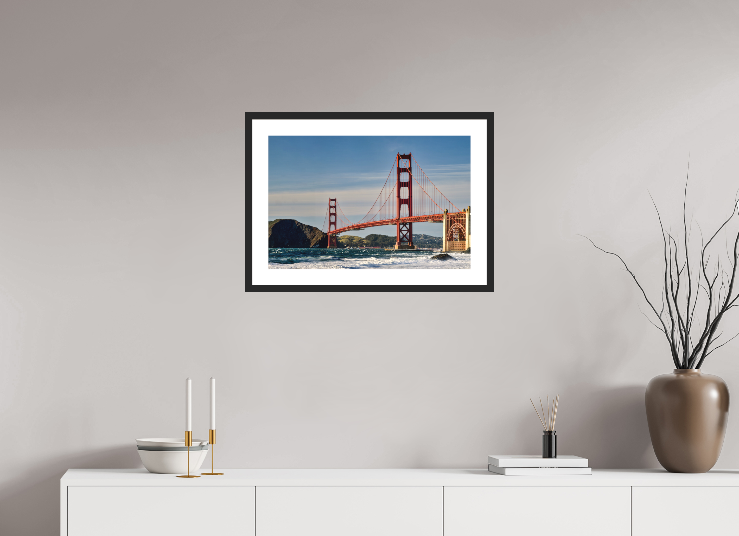 24 x 16″, Passe-Partout Black Frame Golden Gate I: A Postcard View