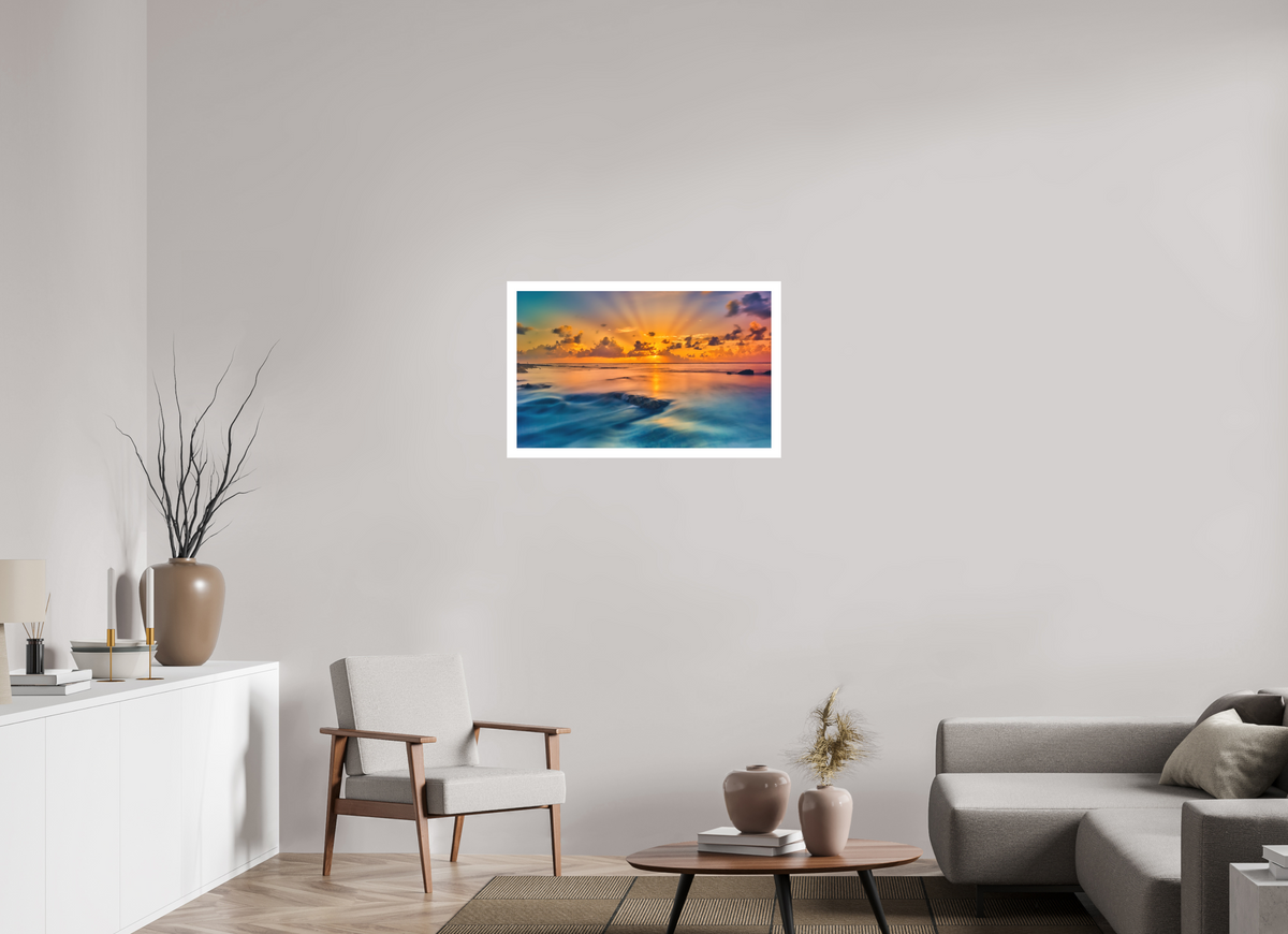 32.4 x 20″, Bonded Acrylic Mat + White Frame Diluvian: Bora Bora Reefside Sunrise