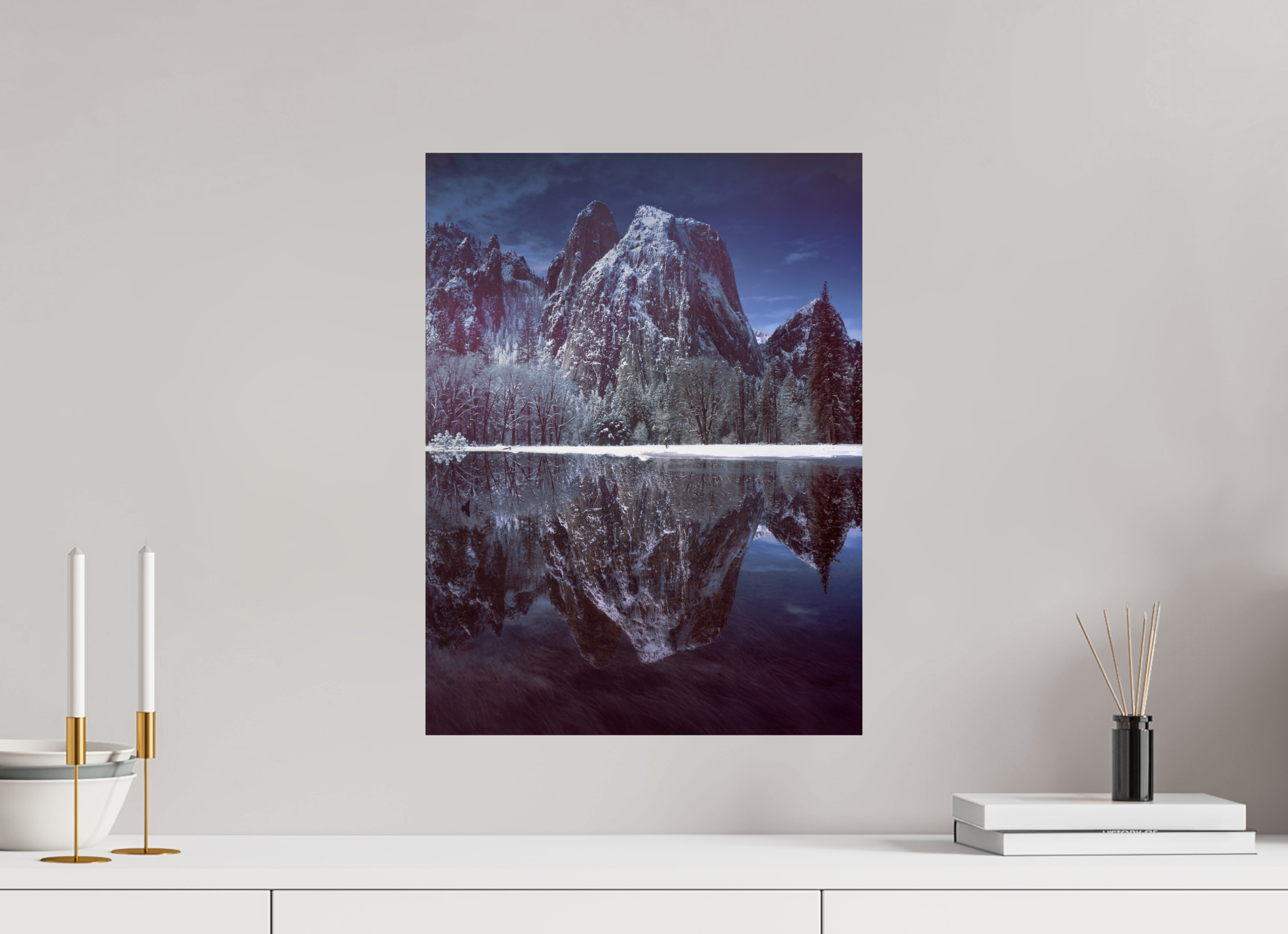 15 x 20″, Giclée Alu-Dibond Cathedral Rocks & Reflection in Snow