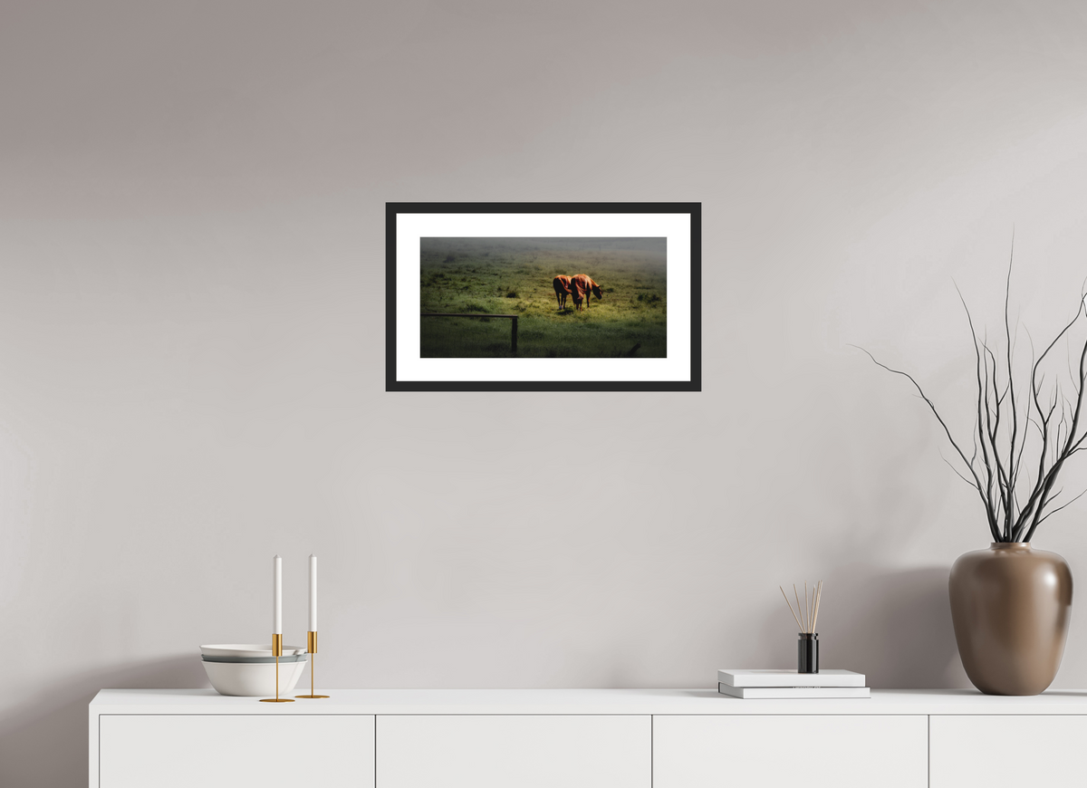 20 x 10″, Passe-Partout Black Frame Upcountry Maui: Horses in Mist & Light