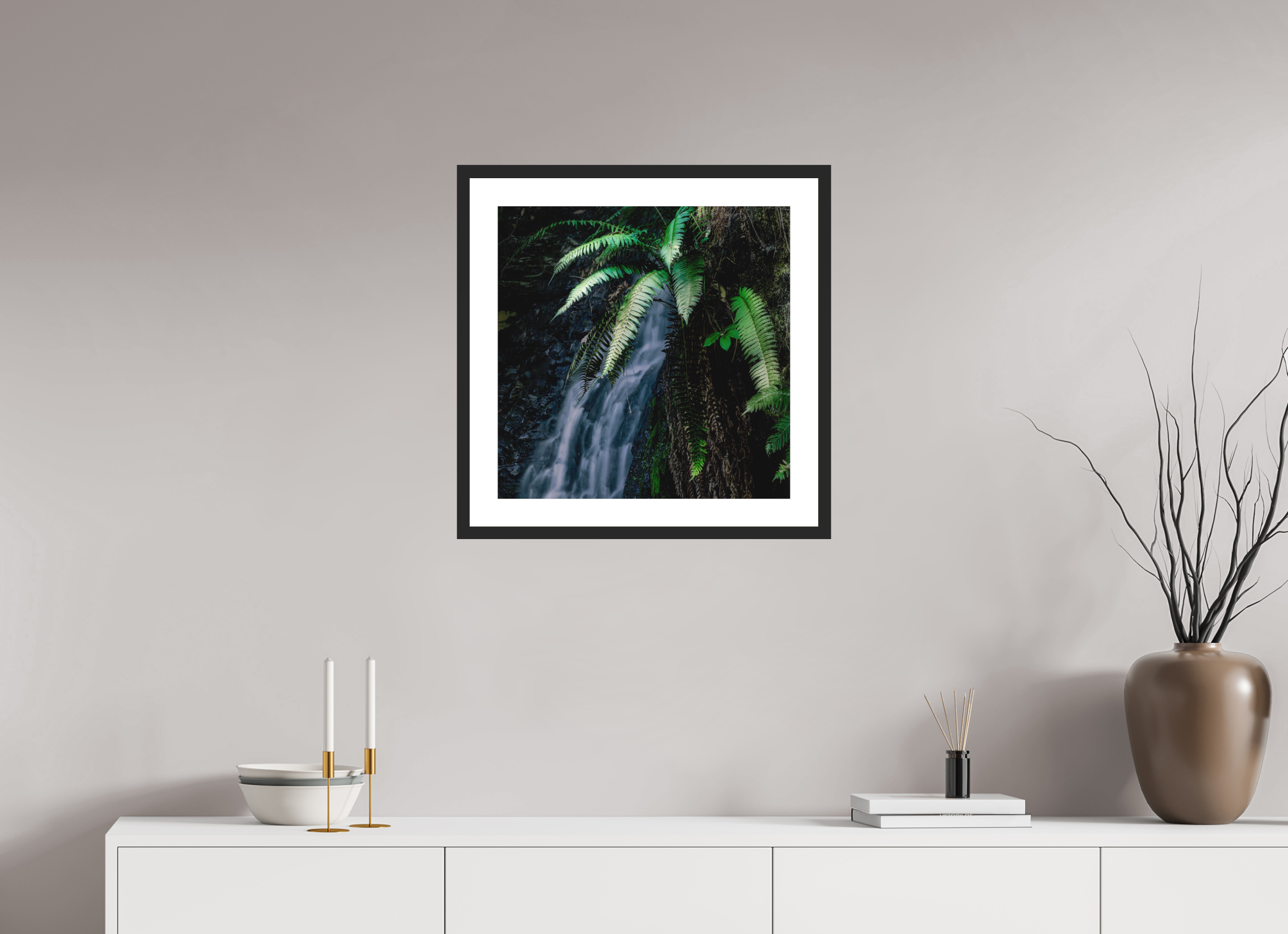 20 x 20″, Passe-Partout Black Frame Sword Ferns on Tiptoe FallsI