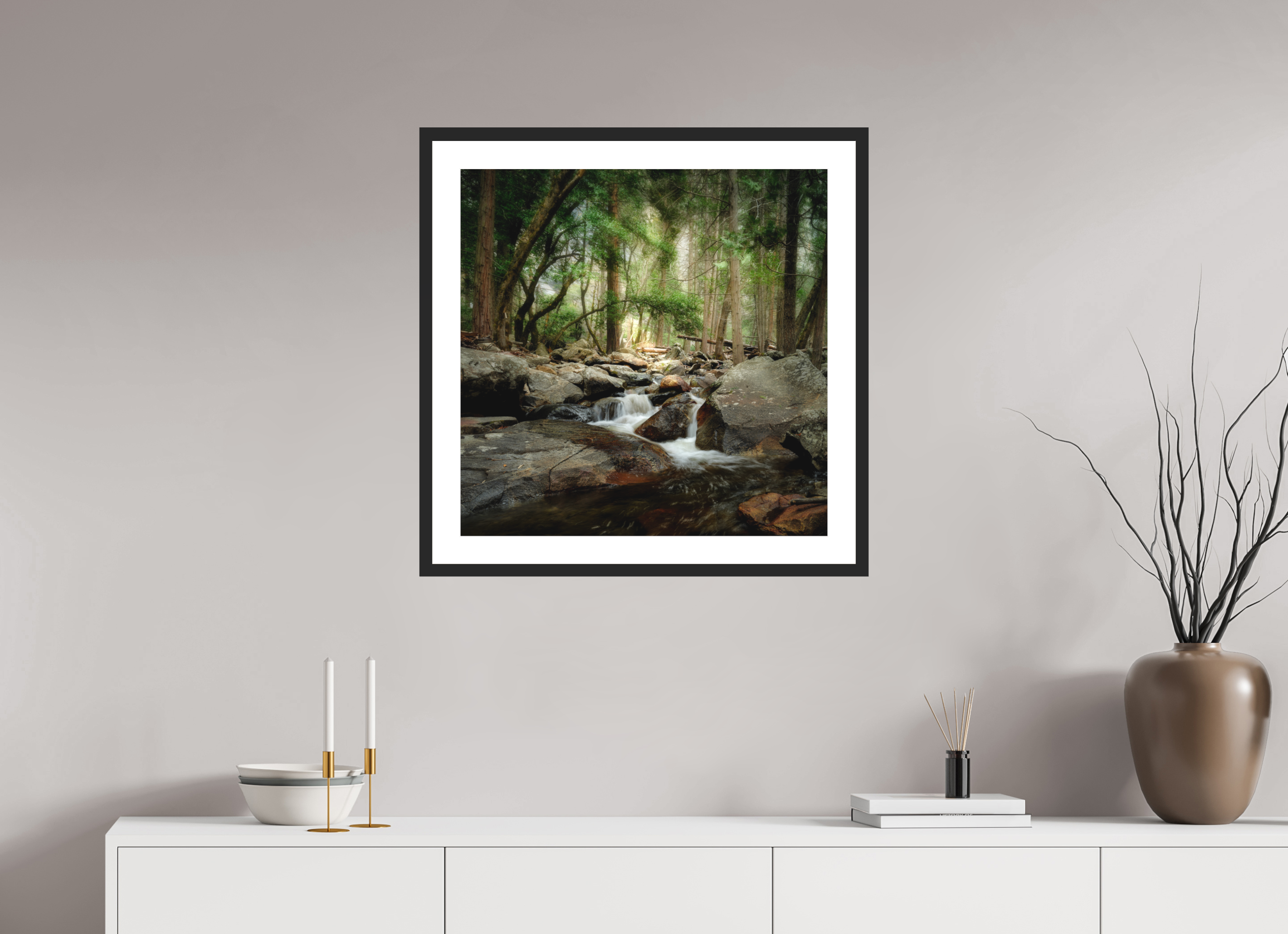 25 x 25″, Passe-Partout Black Frame Bridalveil Creek