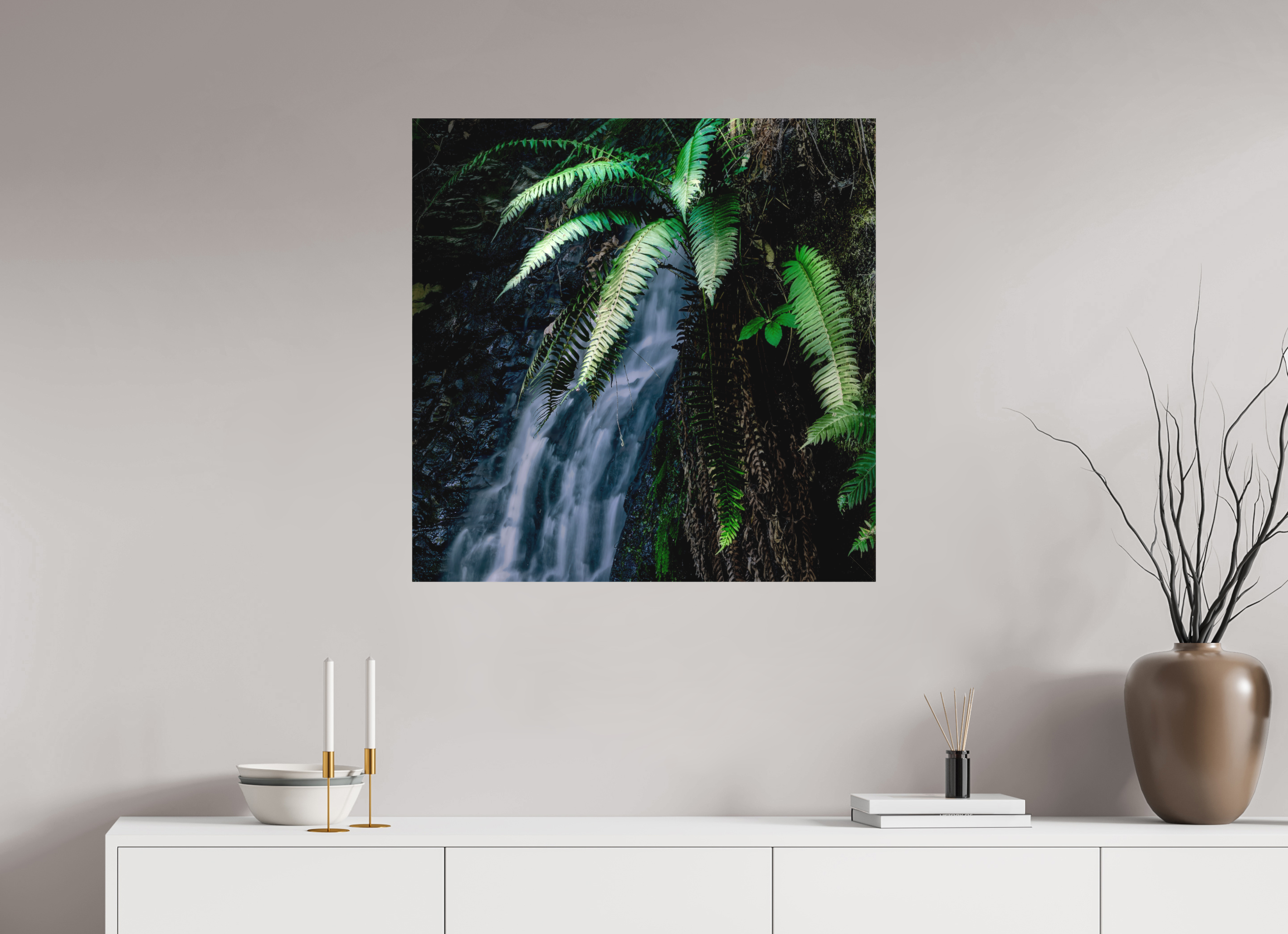 30 x 30″, Fine Art Textile Sword Ferns on Tiptoe FallsI