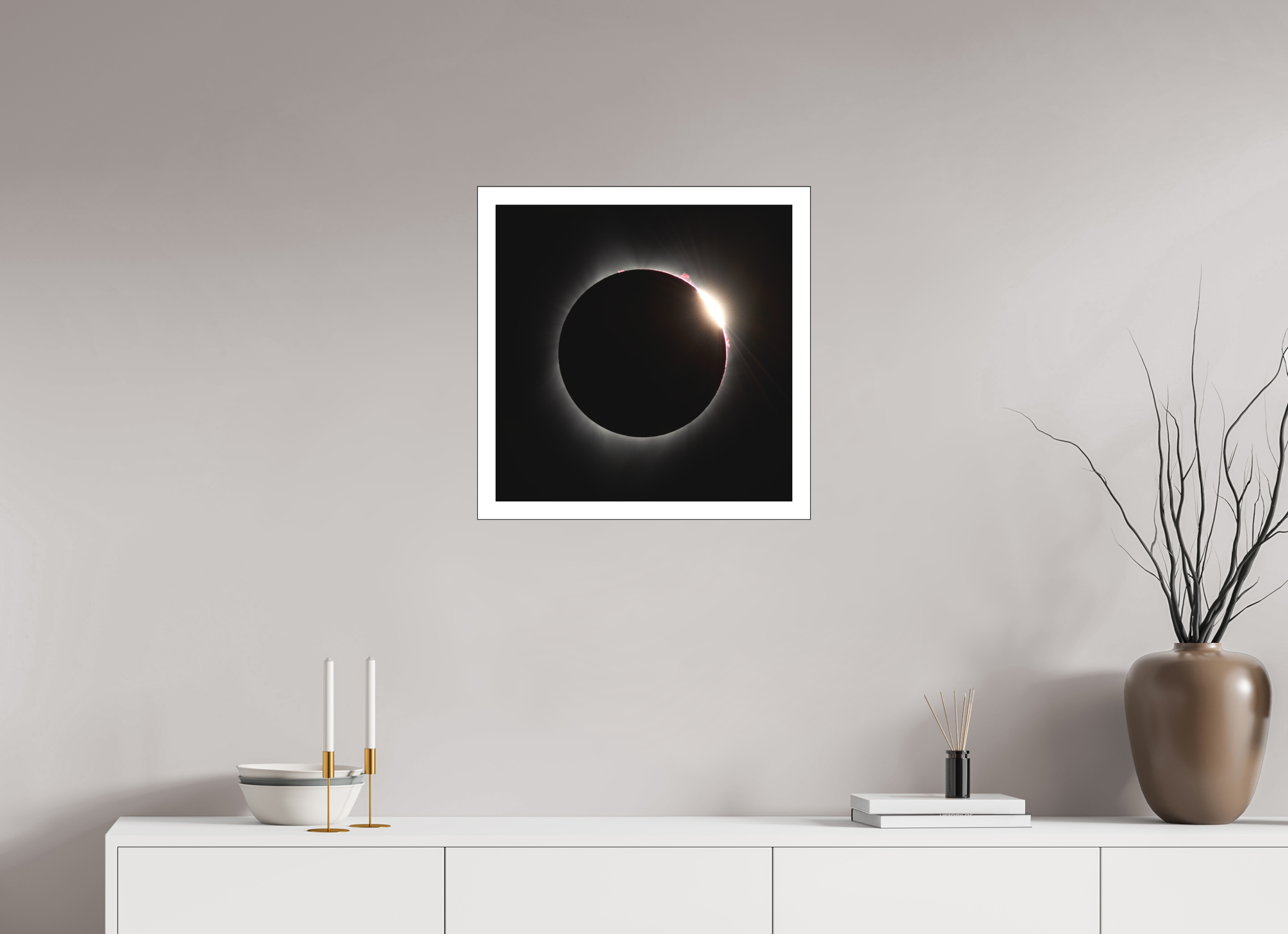 20 x 20″, Bonded Acrylic Mat + Black Frame 2017 Eclipse: The Diamonmd Ring in Oregon