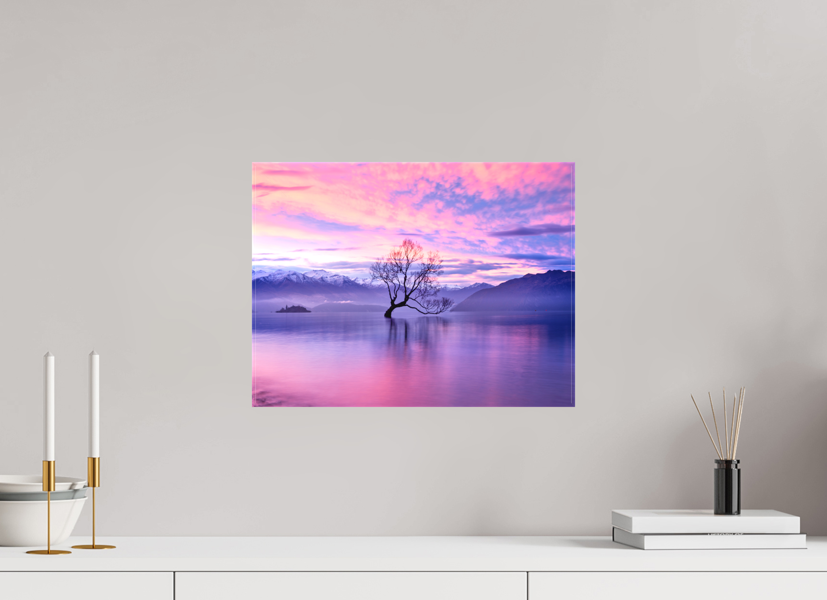 16 x 12″, Fine Art Textile Wanaka II: The Wanaka Tree Beneath a Brilliant Sunset