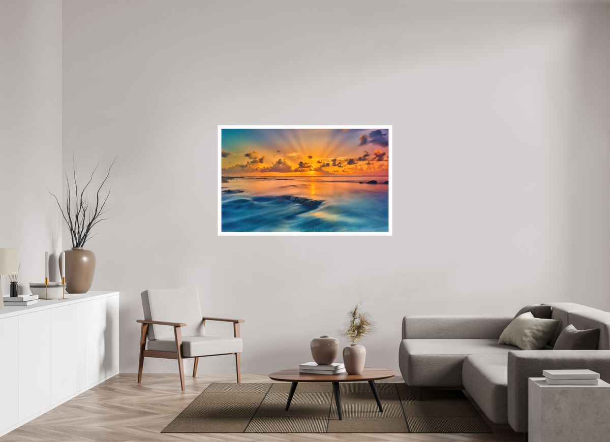 56.7 x 35″, Bonded Acrylic Mat + White Frame Diluvian: Bora Bora Reefside Sunrise