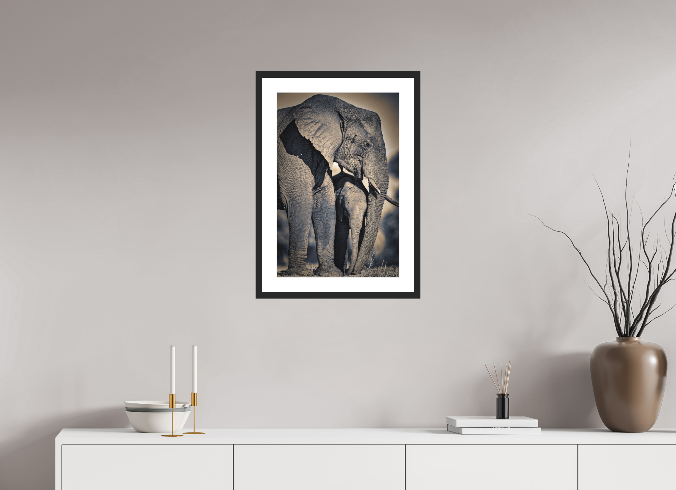16 x 24″, Passe-Partout Black Frame Mother Elephant & Calf