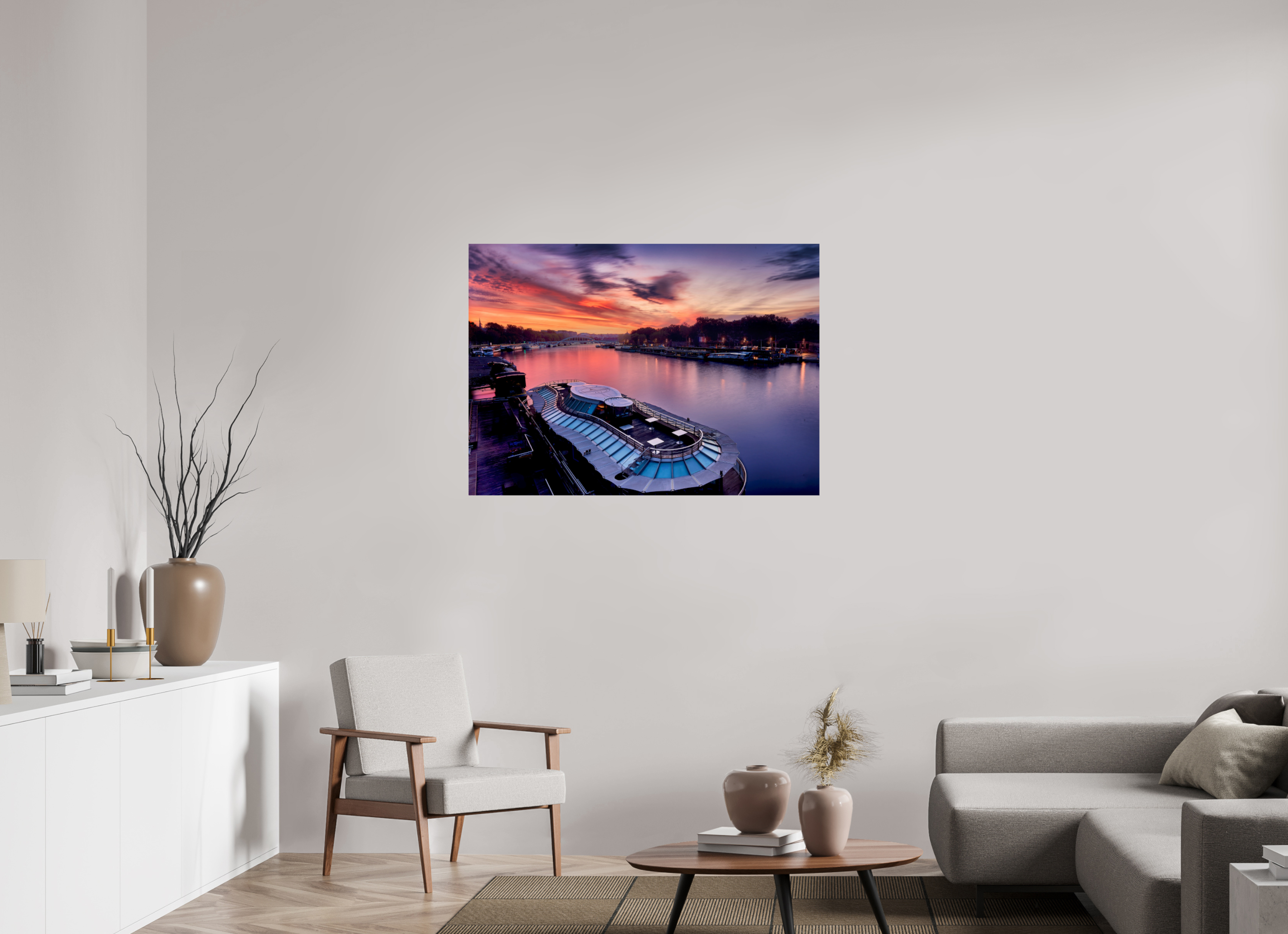 44.6 x 32″, Giclée Alu-Dibond Canal Boats On the River Seine at Dawn