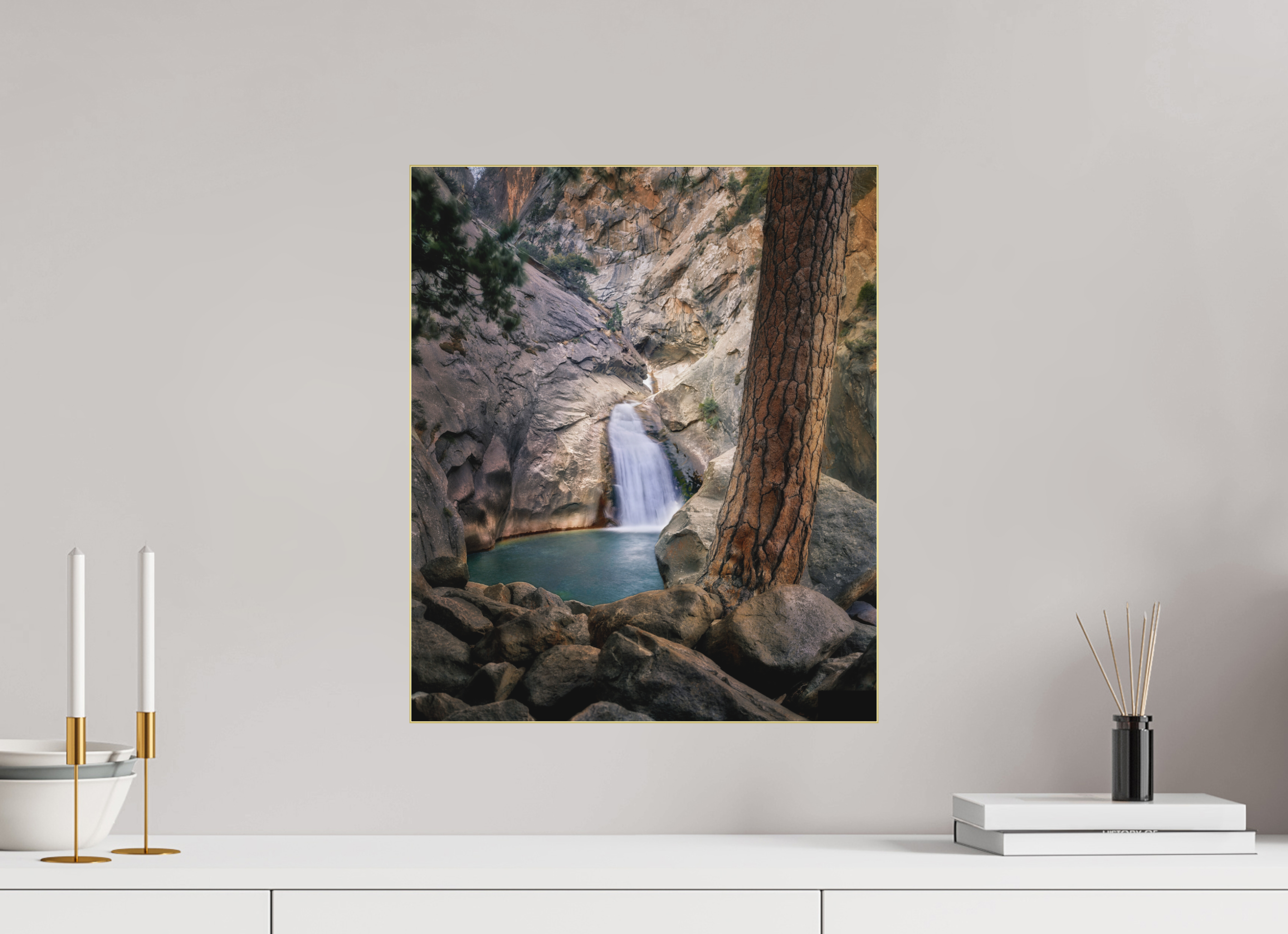 16 x 19.1″, Bonded Acrylic Gold Frame Roaring River Falls I —Kings Canyon