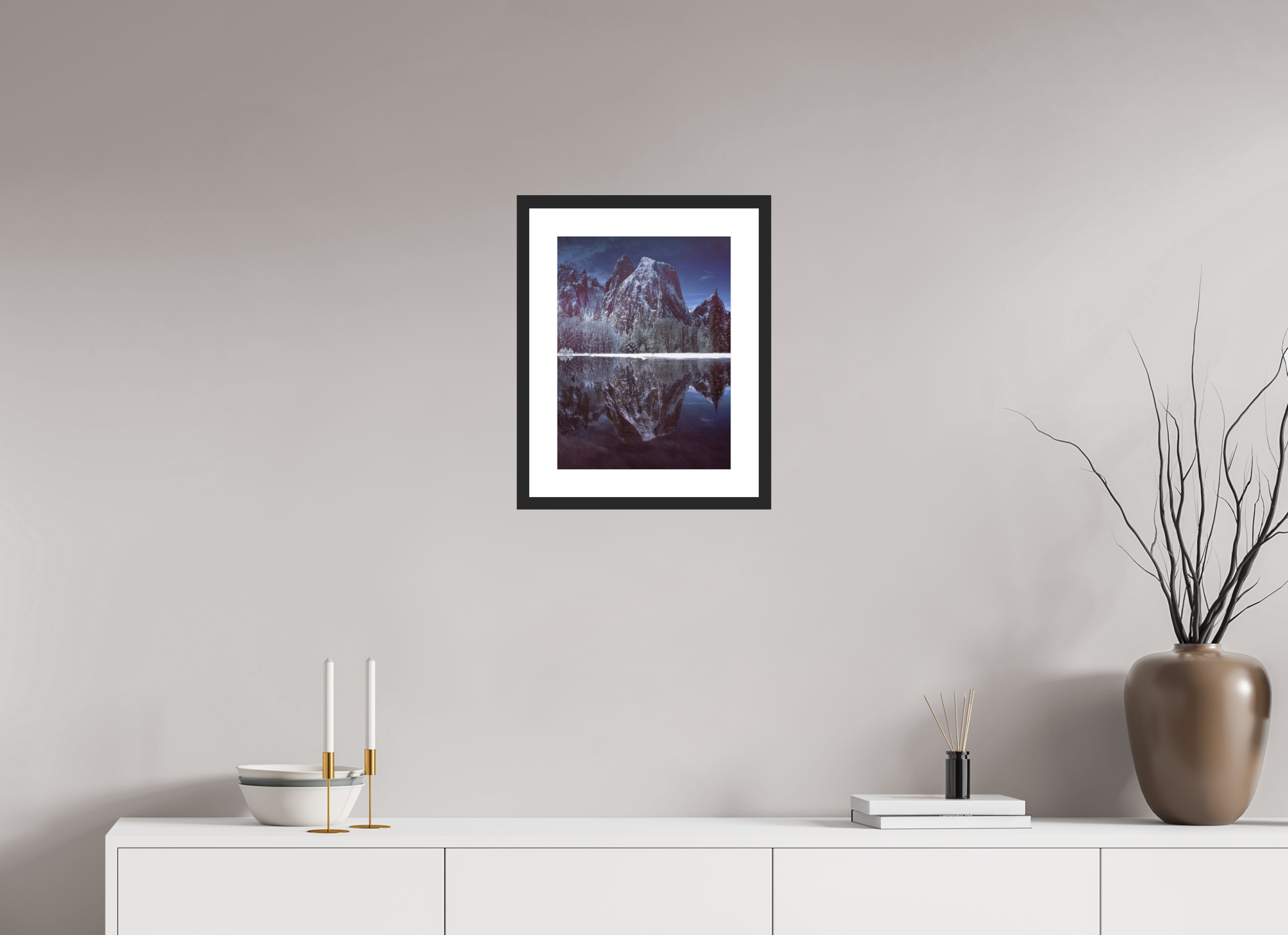 12 x 16″, Passe-Partout Black Frame Cathedral Rocks & Reflection in Snow