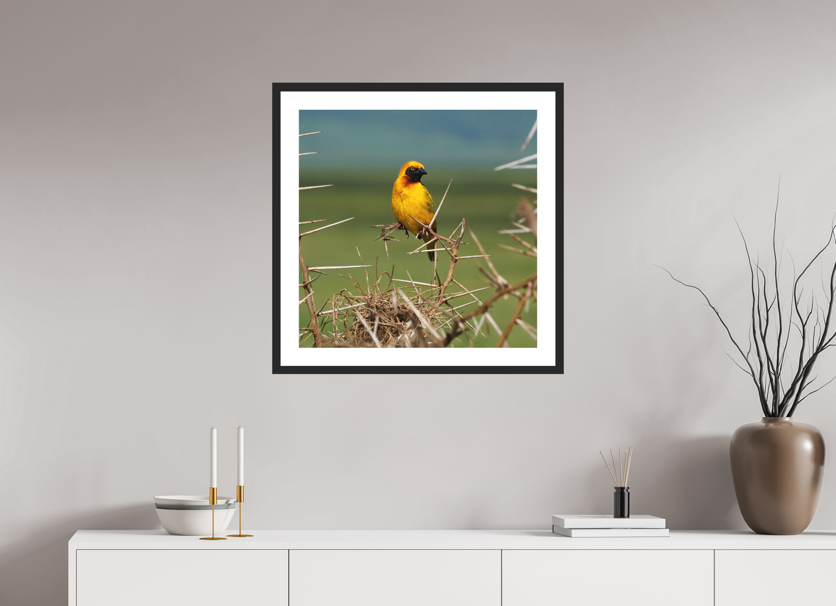 25 x 25″, Passe-Partout Black Frame Afrcan Golden Weaver