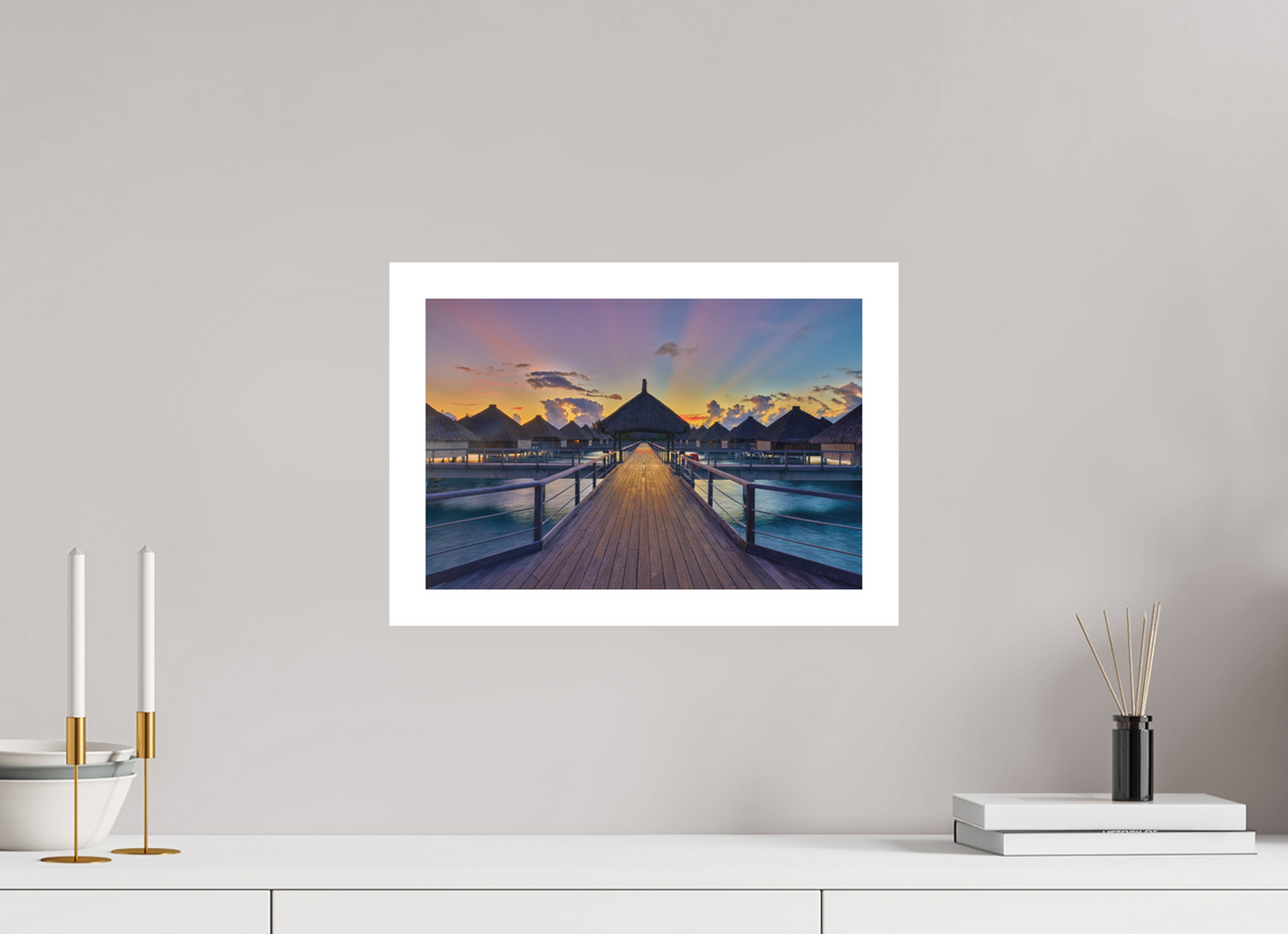 15 x 10″, Bonded Acrylic Mat + White Frame Sunrise Over Bora Bora Overwater Bungalows