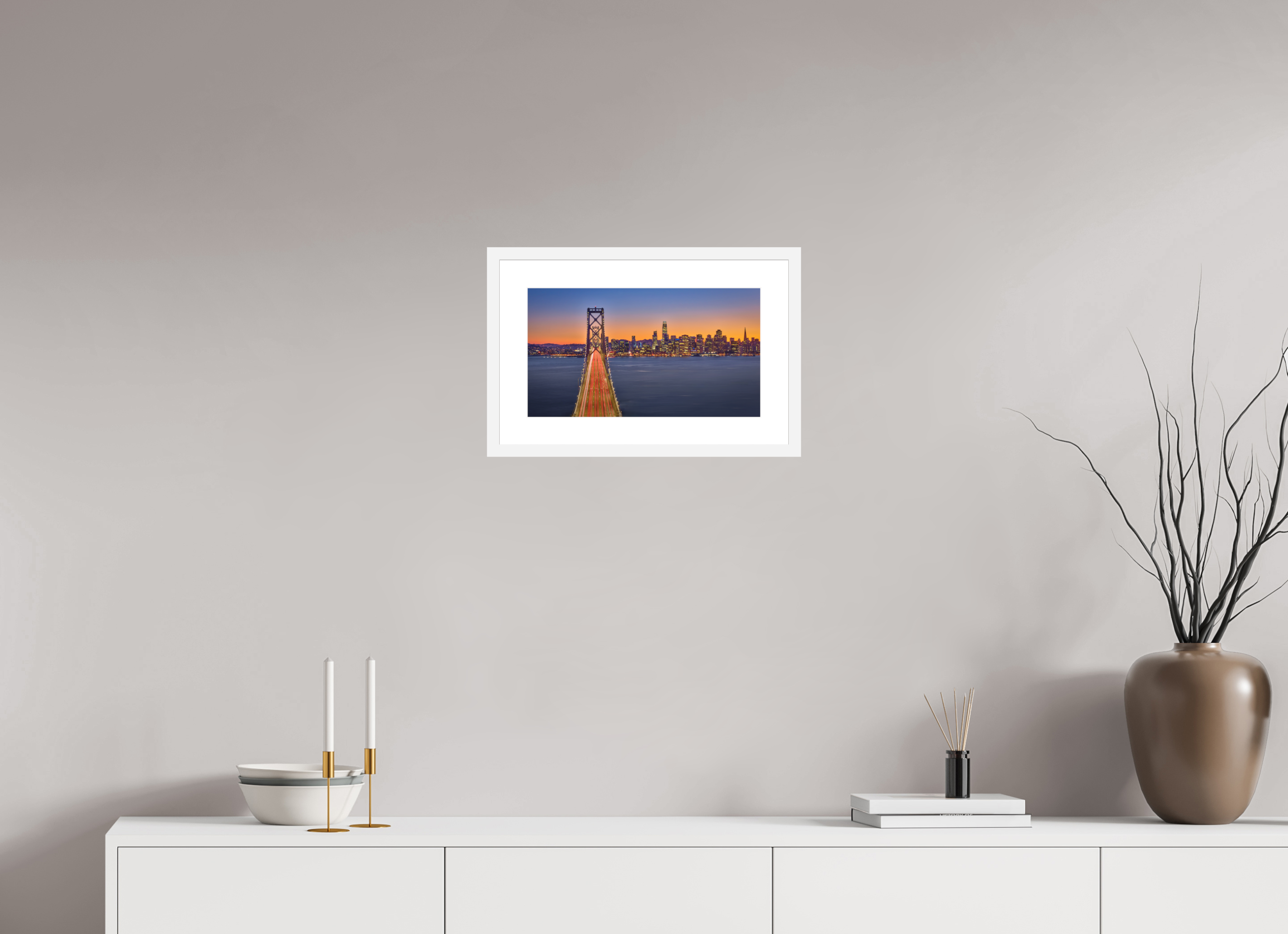 16 x 9″, Passe-Partout White Frame Bay Bridge & Sunset Over San Francsico