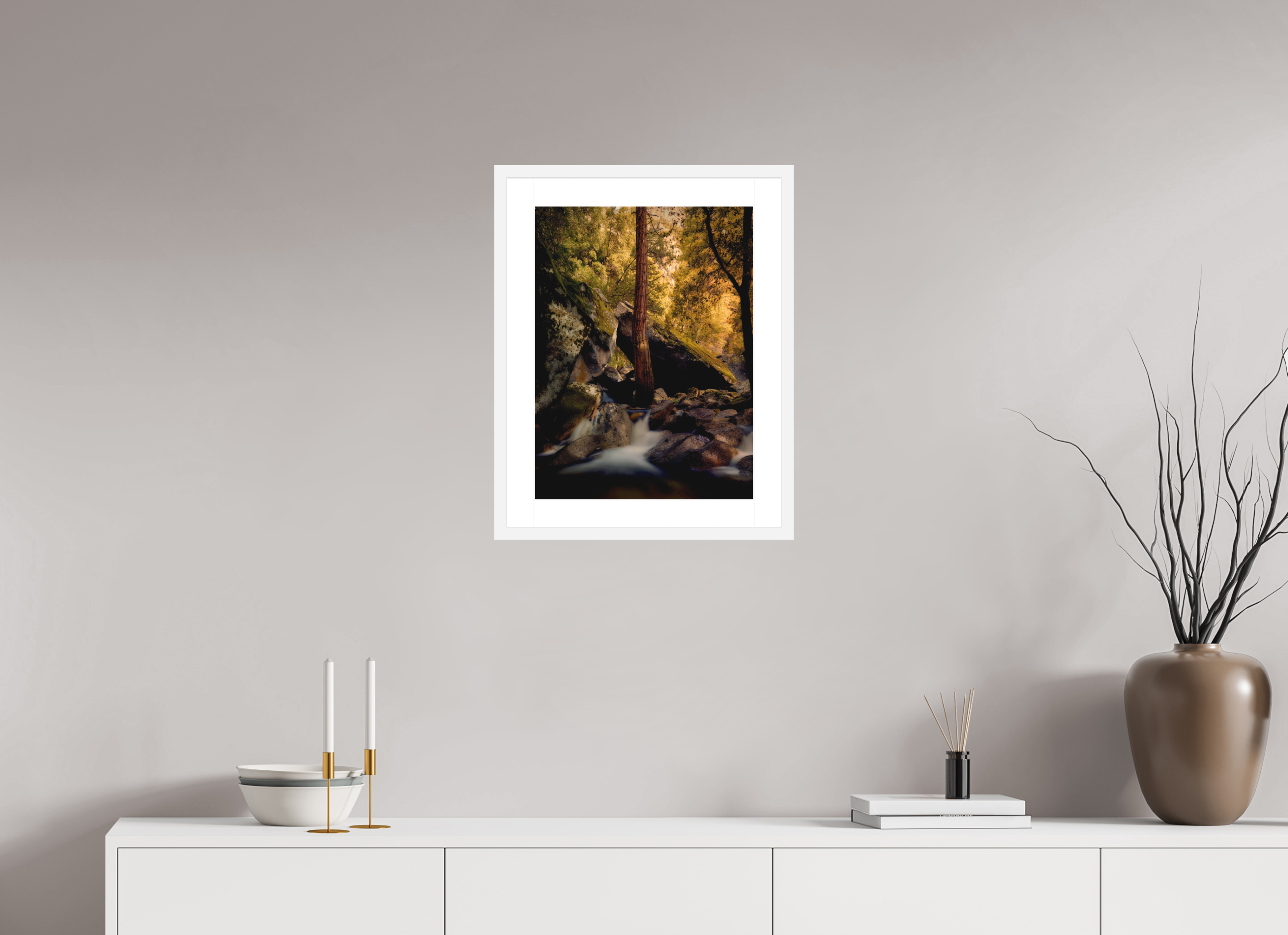 15 x 20″, Passe-Partout White Frame Yosemite's Cascade Creek at Sunrise