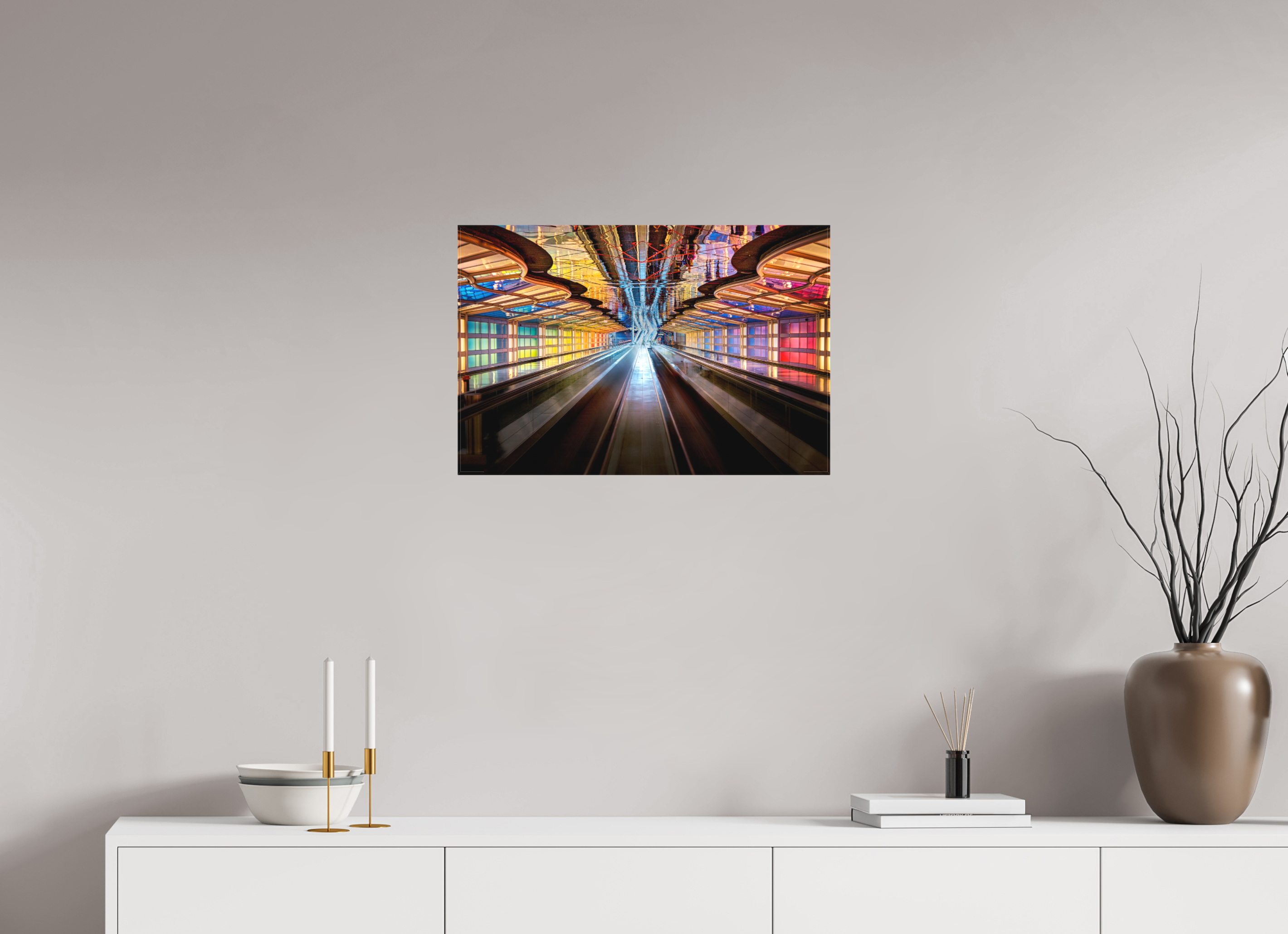 24 x 16″, Fine Art Textile Chicago O'Hare Airport's Neon Walkway