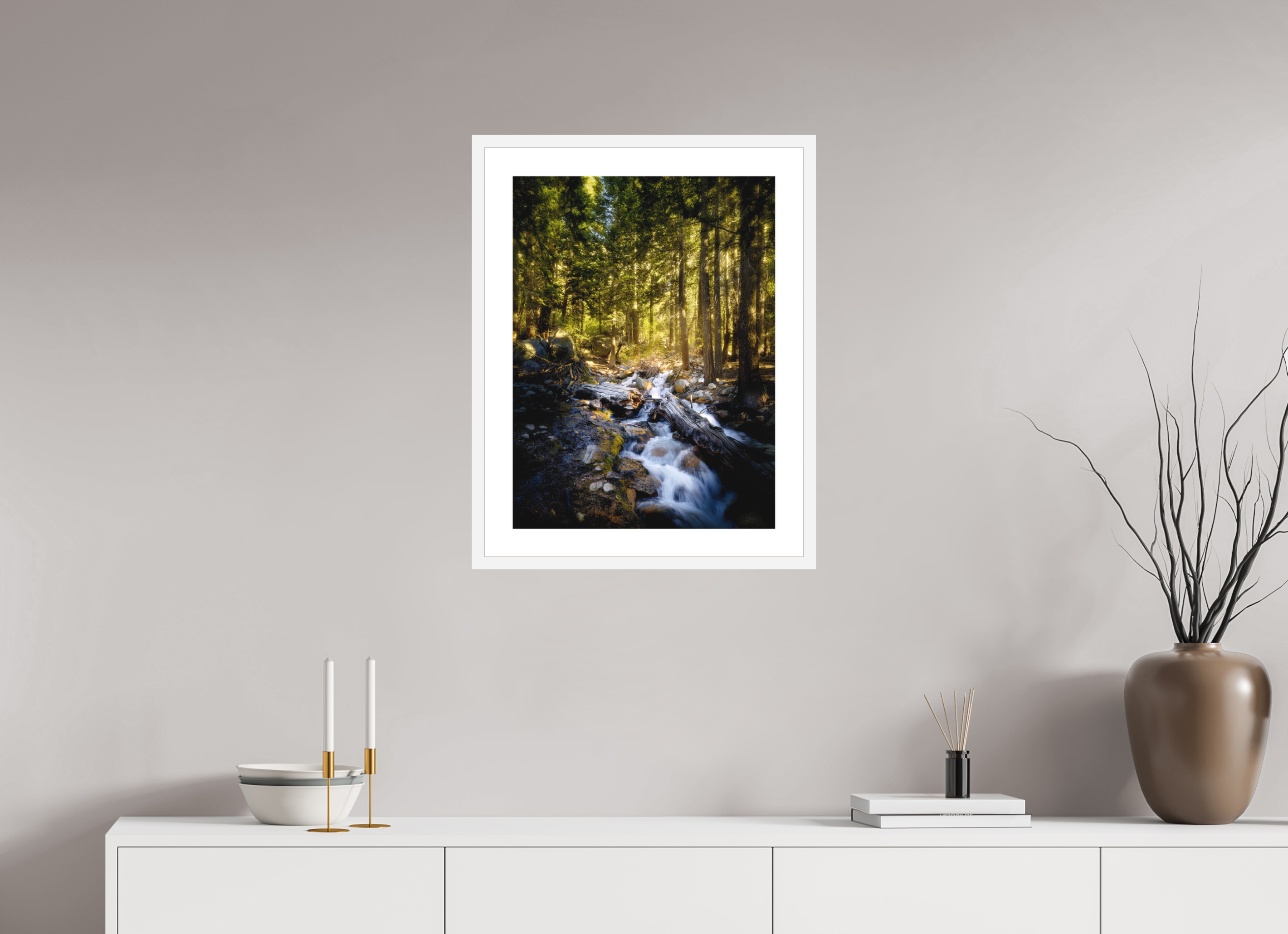 18 x 24″, Passe-Partout White Frame Lone Pine Creek Waterfall on Mt. Whitney