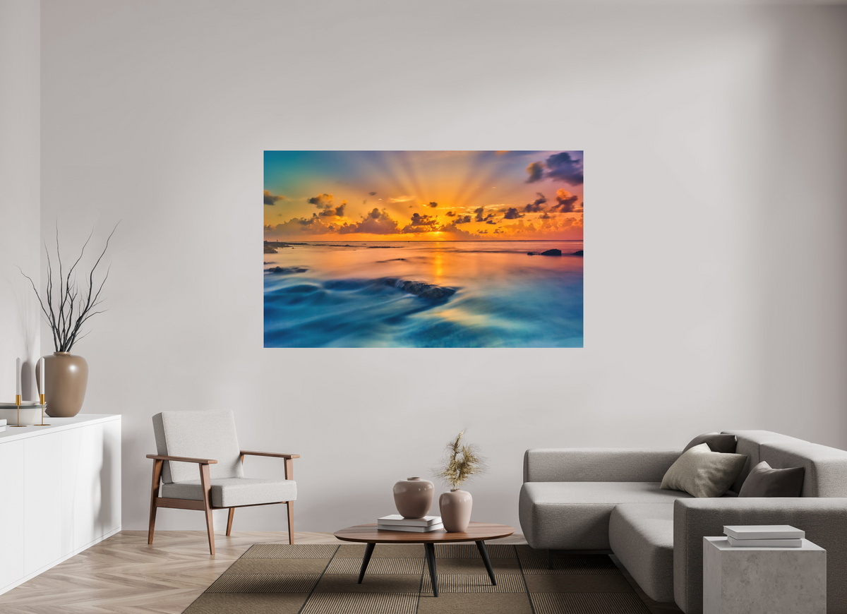 76.1 x 47″, Bonded Acrylic Silver Frame Diluvian: Bora Bora Reefside Sunrise
