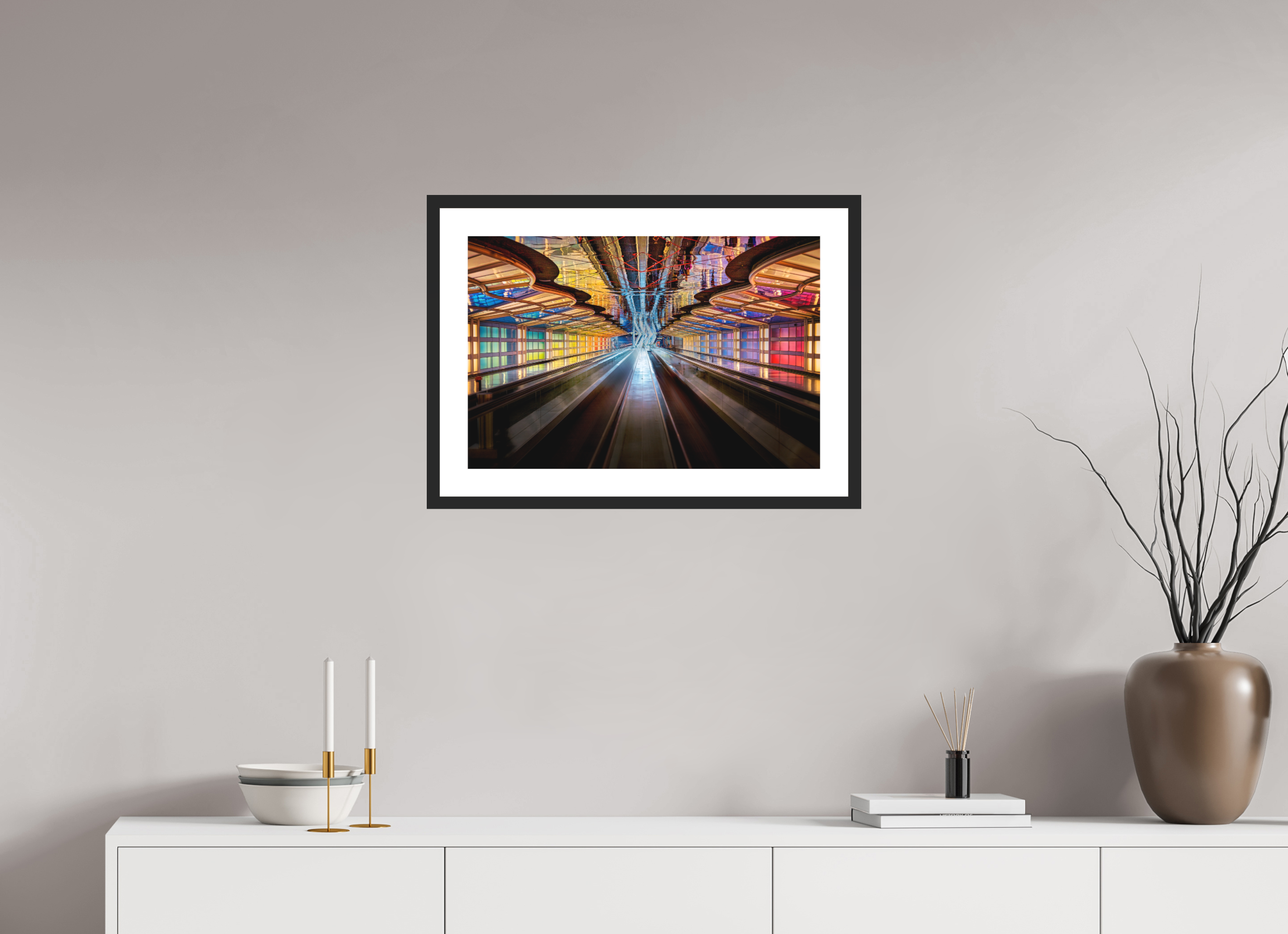 24 x 16″, Passe-Partout Black Frame Chicago O'Hare Airport's Neon Walkway