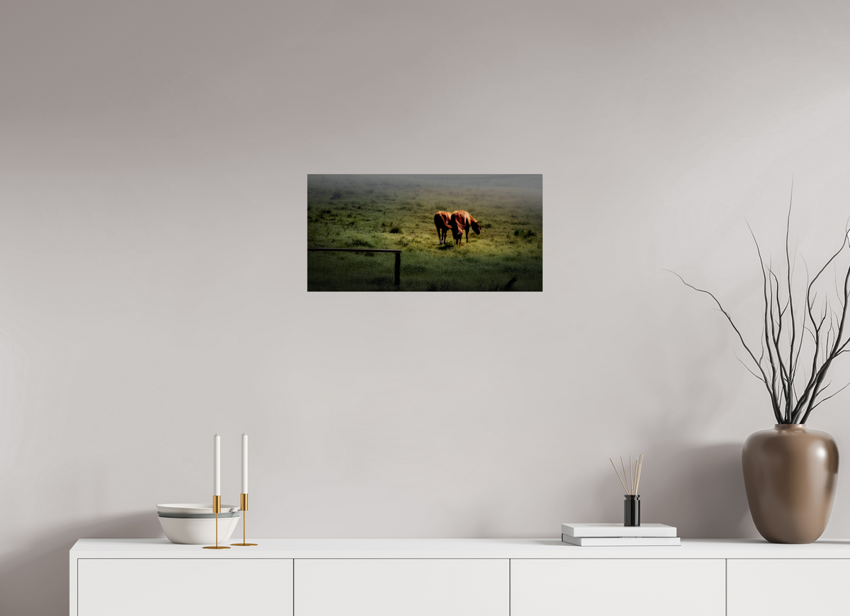 24 x 12″, Giclée Alu-Dibond Upcountry Maui: Horses in Mist & Light
