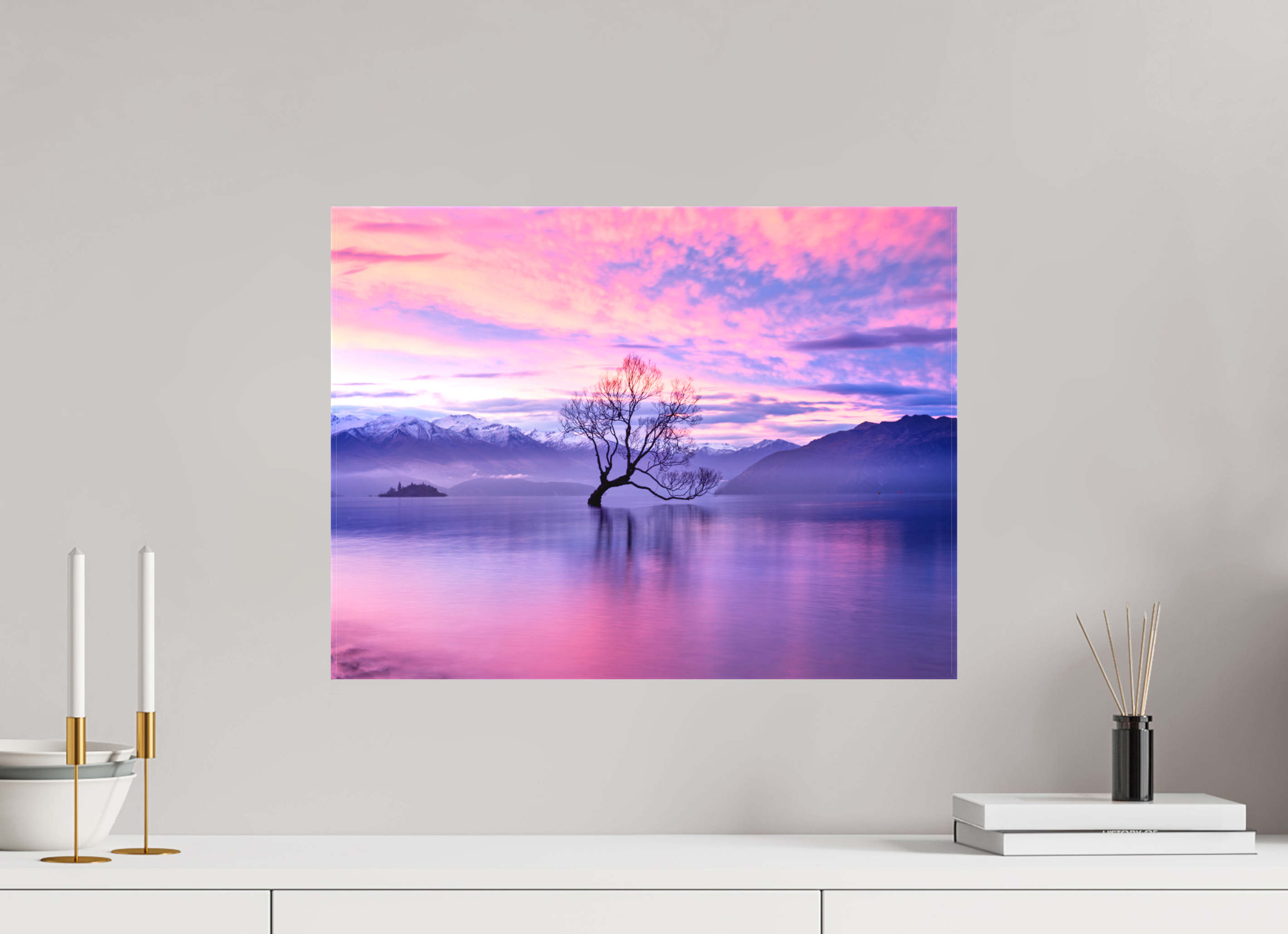 20 x 15″, Fine Art Textile Wanaka II: The Wanaka Tree Beneath a Brilliant Sunset