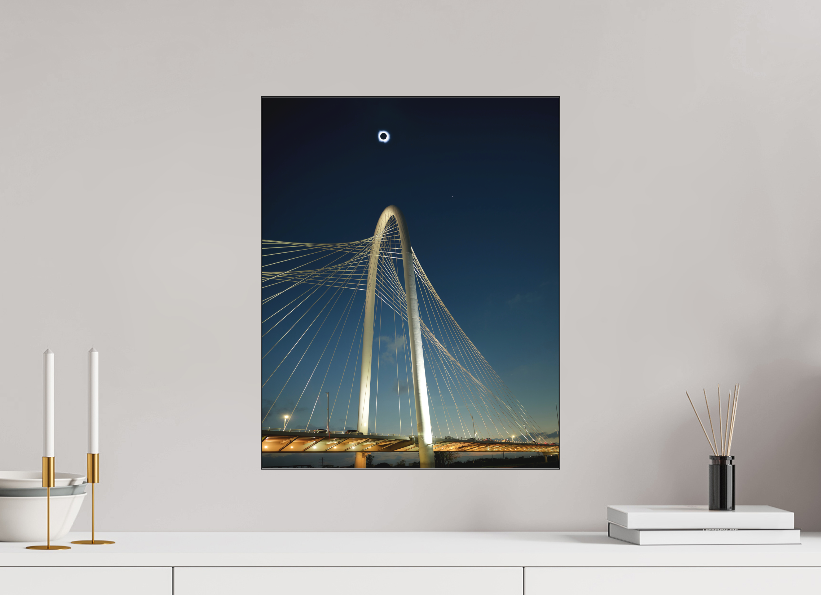 16 x 20″, Bonded Acrylic Black Frame 2024 Eclipse: Over Margaret Hunt Hill Bridge