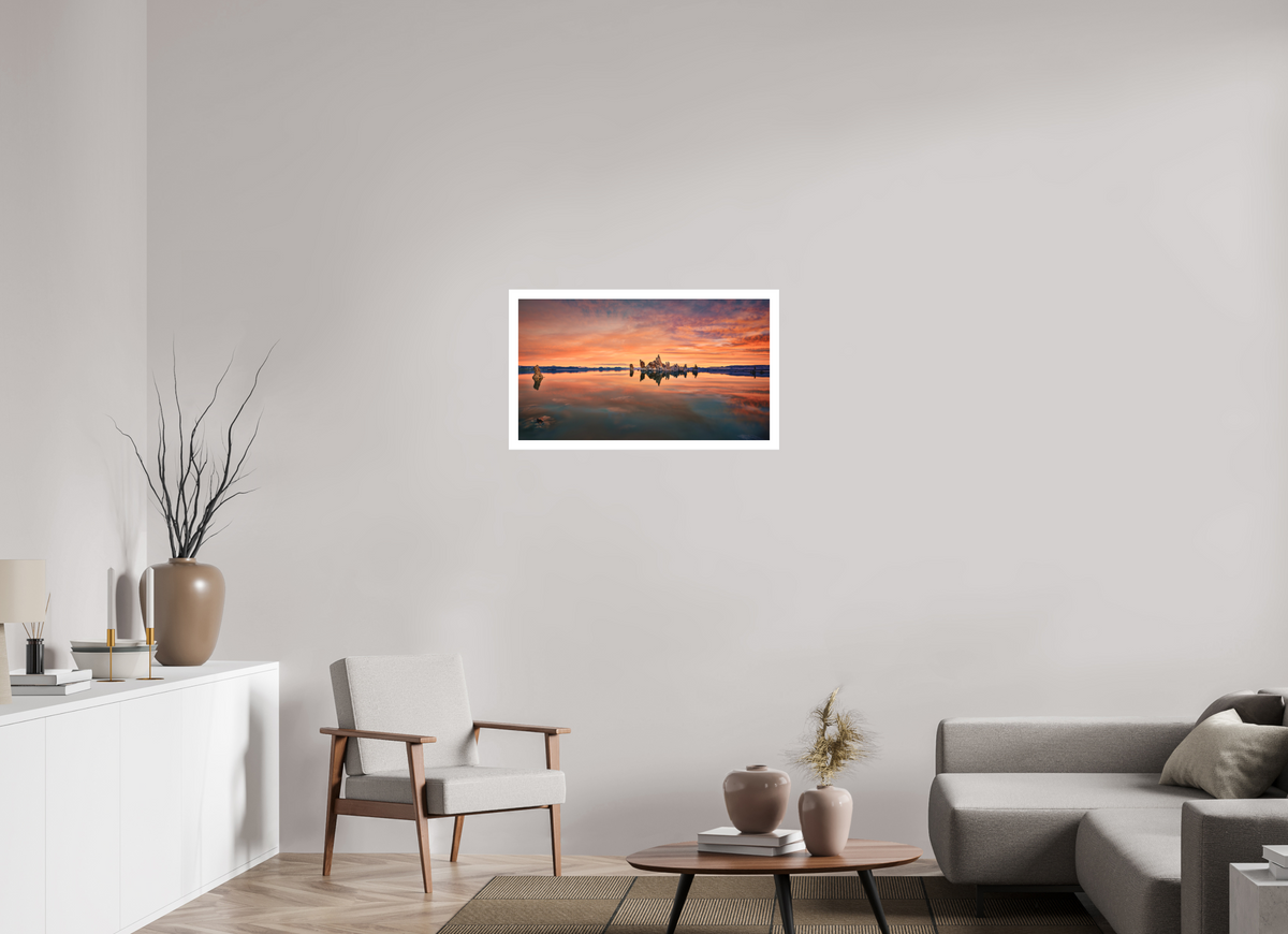 32 x 18″, Bonded Acrylic Mat + Silver Frame Reflekto: Mono Lake's South Tufa