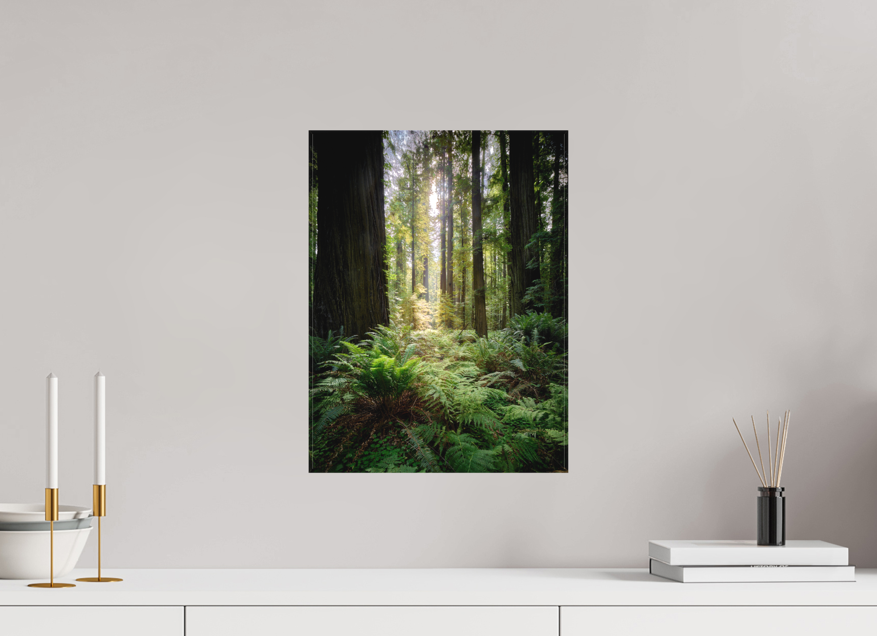 12 x 16″, Fine Art Textile Forest Light on Redwoods & Sword Ferns