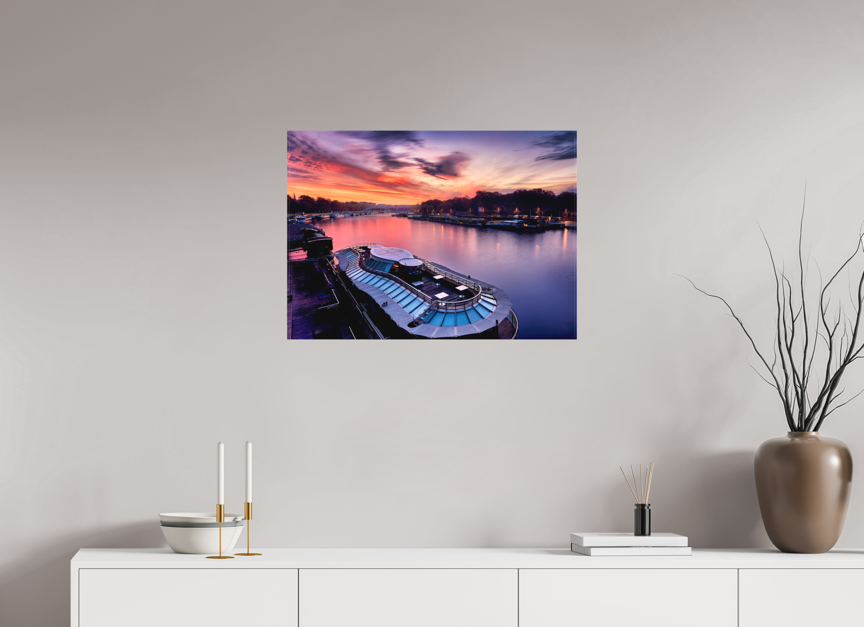 27.9 x 20″, Fine Art Textile Canal Boats On the River Seine at Dawn