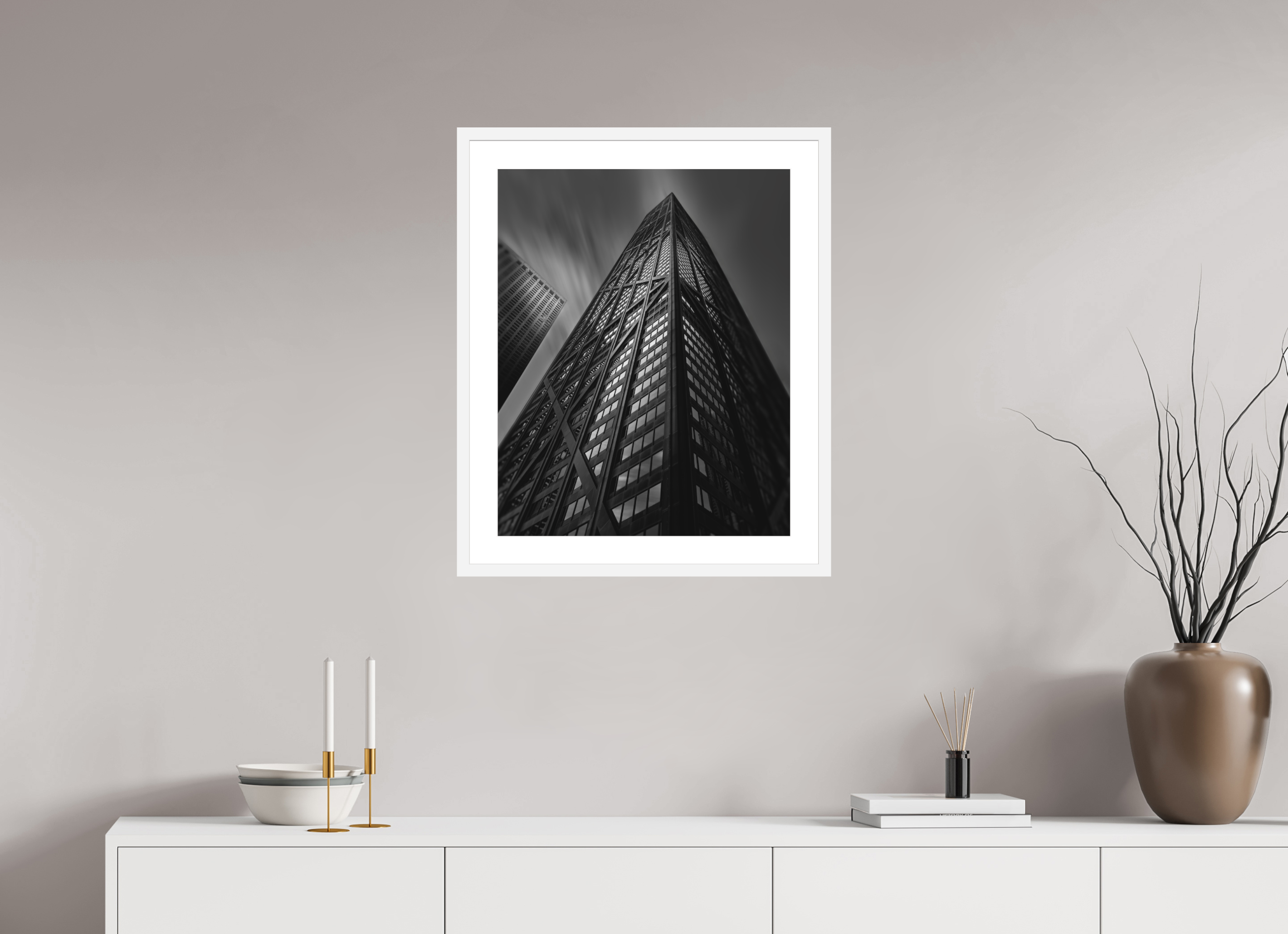 20 x 25″, Passe-Partout White Frame Chicago's John Hancock Building