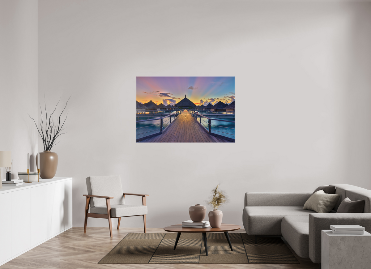 54 x 36″, Fine Art Textile Sunrise Over Bora Bora Overwater Bungalows