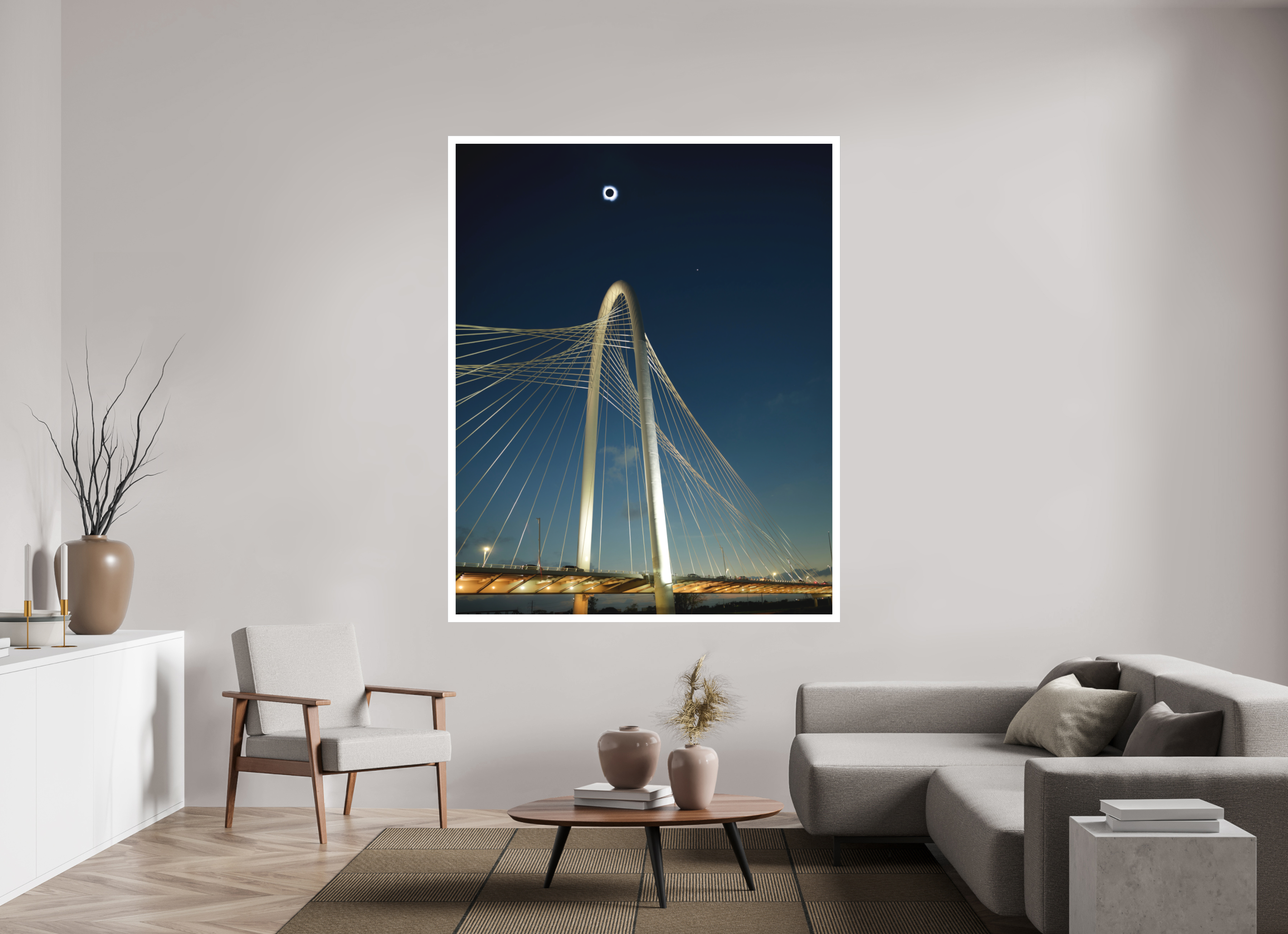 59 x 73.7″, Bonded Acrylic Mat + Silver Frame 2024 Eclipse: Over Margaret Hunt Hill Bridge