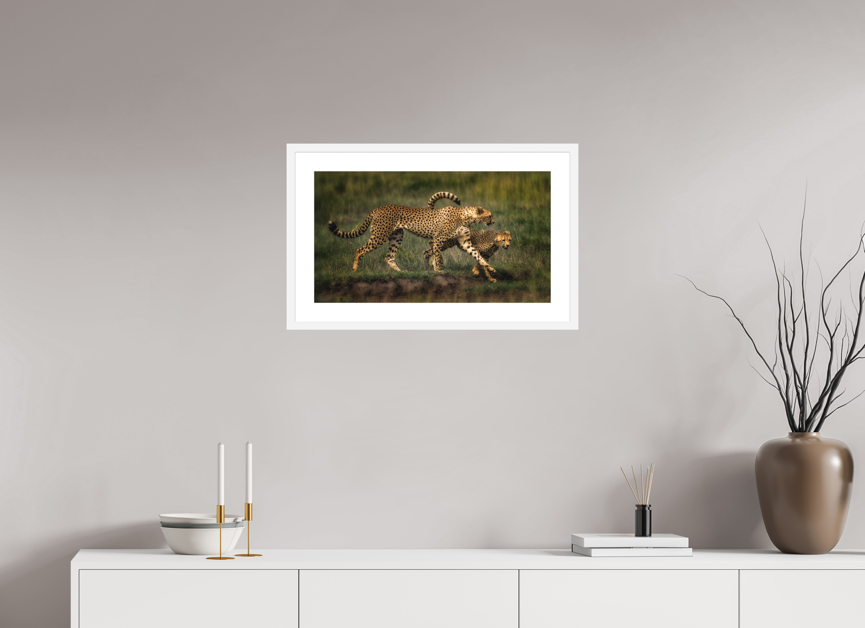24 x 13.5″, Passe-Partout White Frame Mother & Son on the Serengeti
