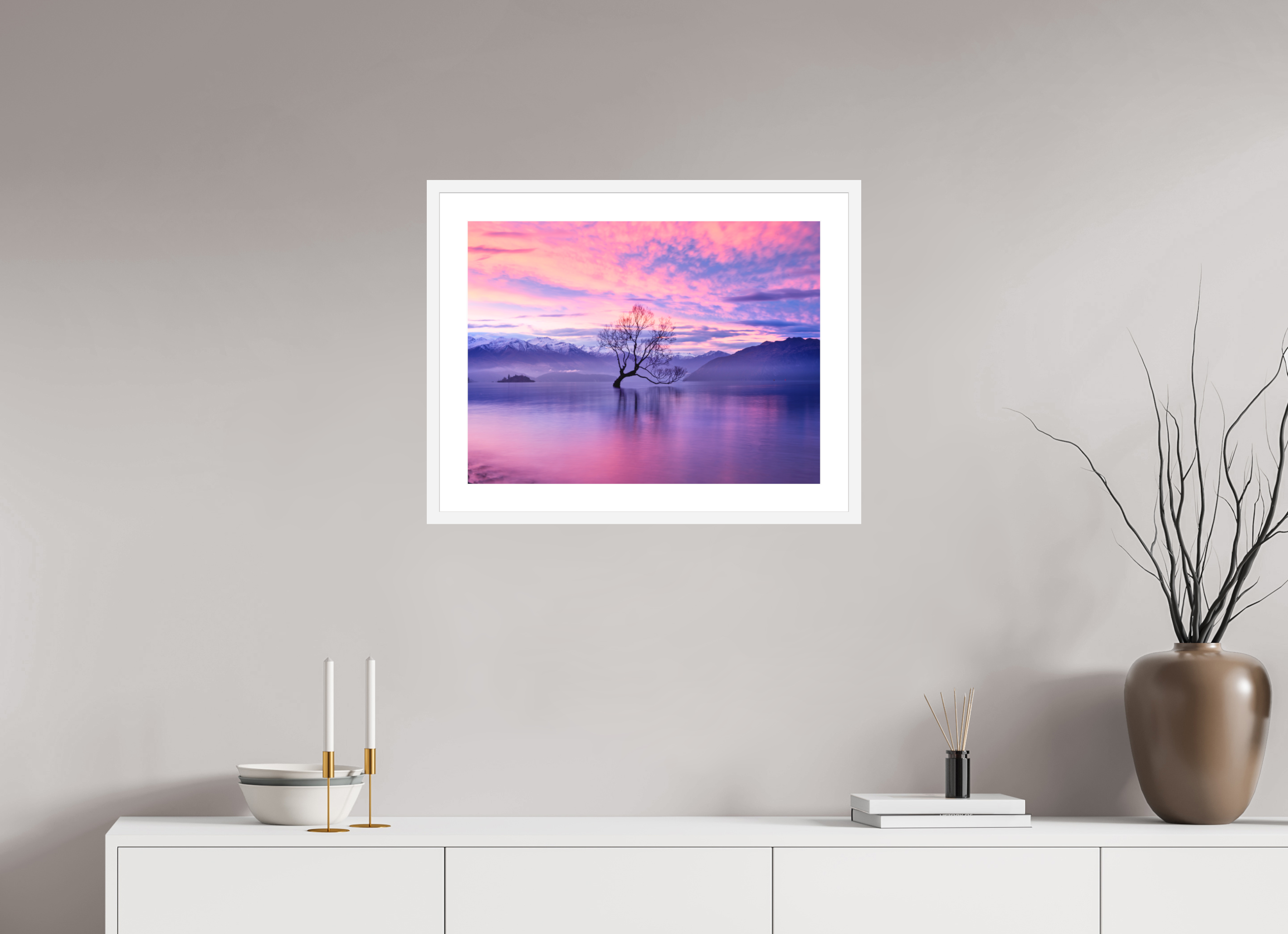 24 x 18″, Passe-Partout White Frame Wanaka II: The Wanaka Tree Beneath a Brilliant Sunset
