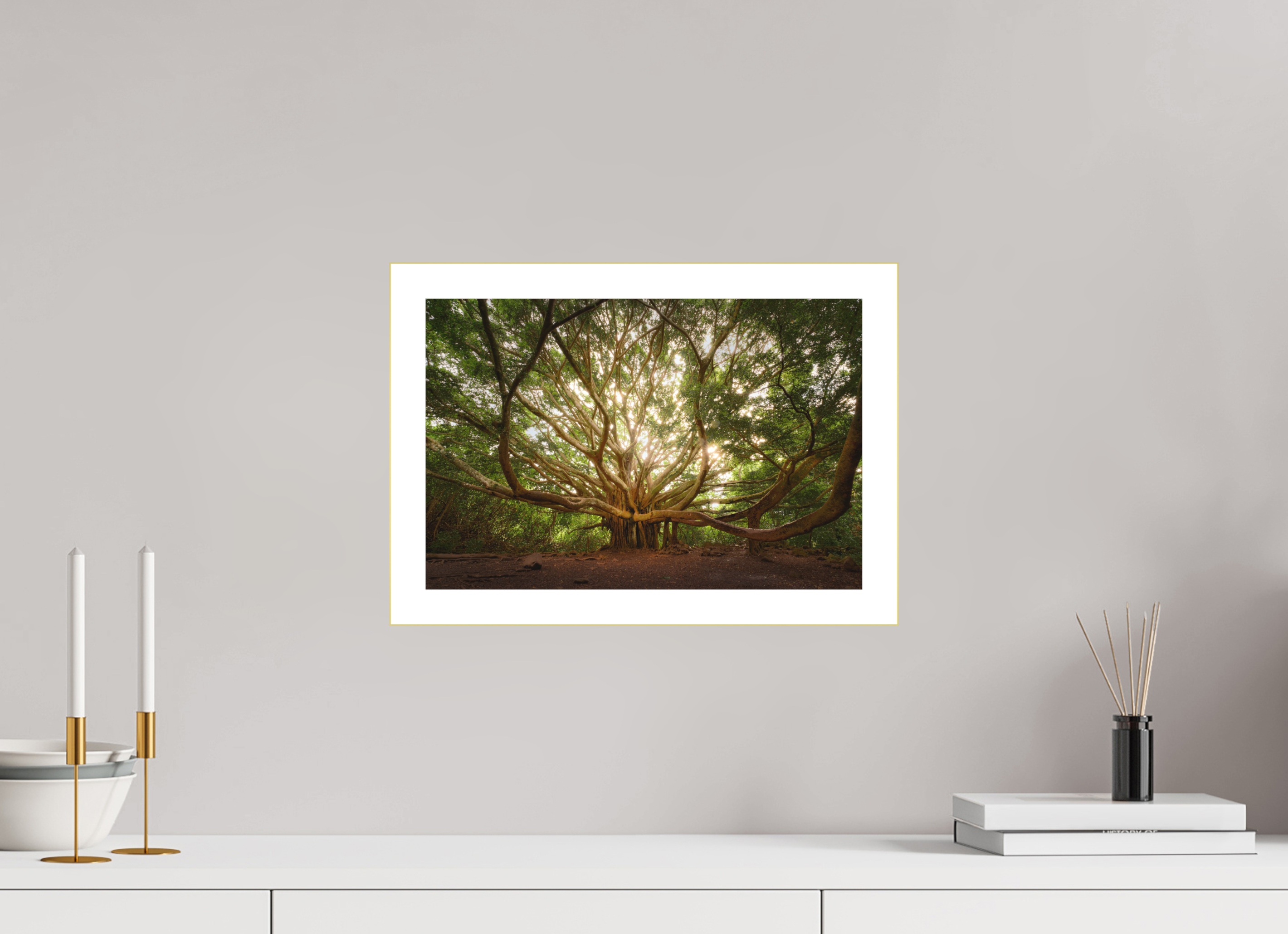 15 x 10″, Bonded Acrylic Mat + Gold Frame Bracchium: The Pipiwai Trail Banyan Tree