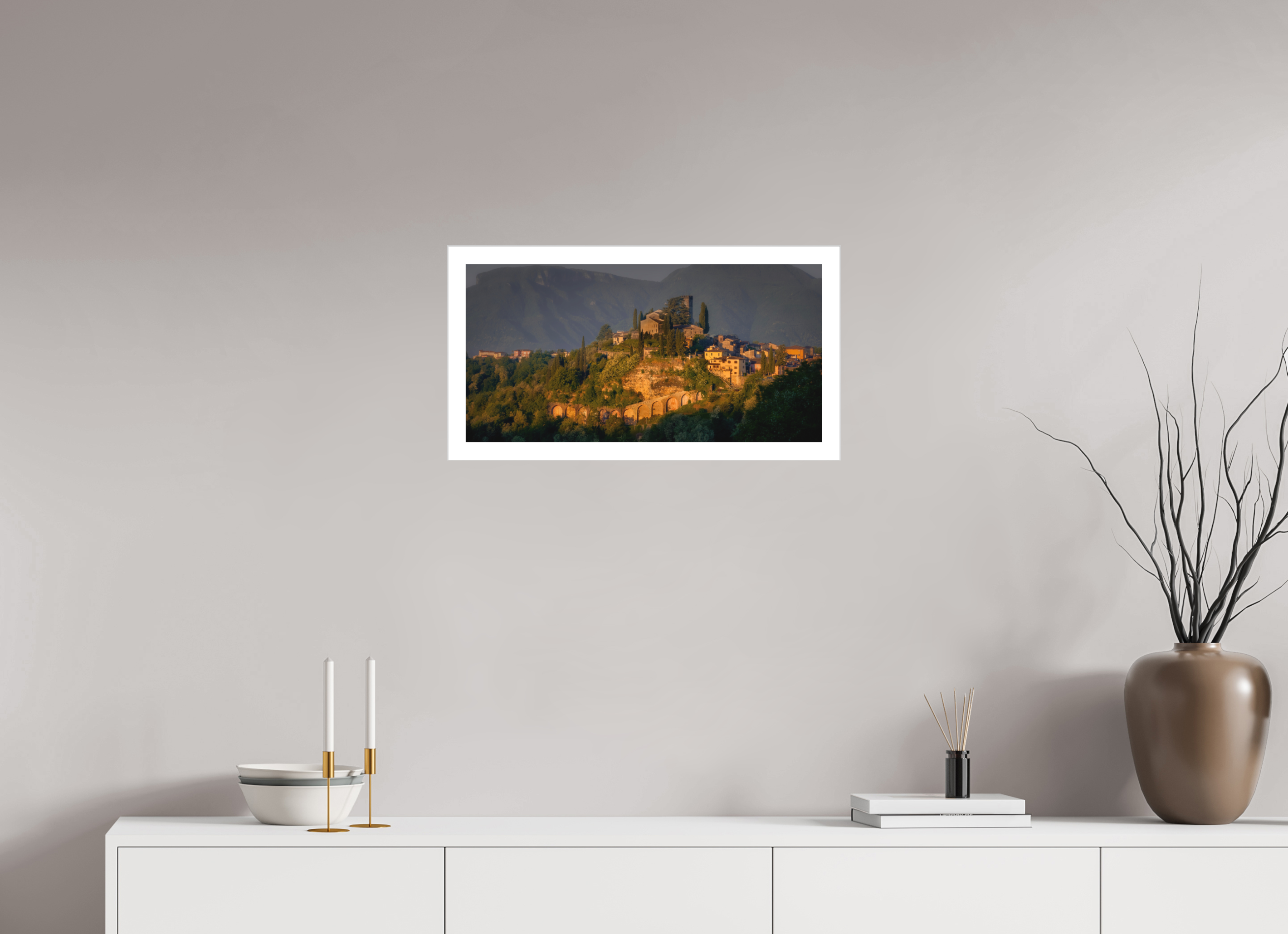 24 x 12″, Fine Art Bonded Acrylic Morning Glow on Barga, Tuscany