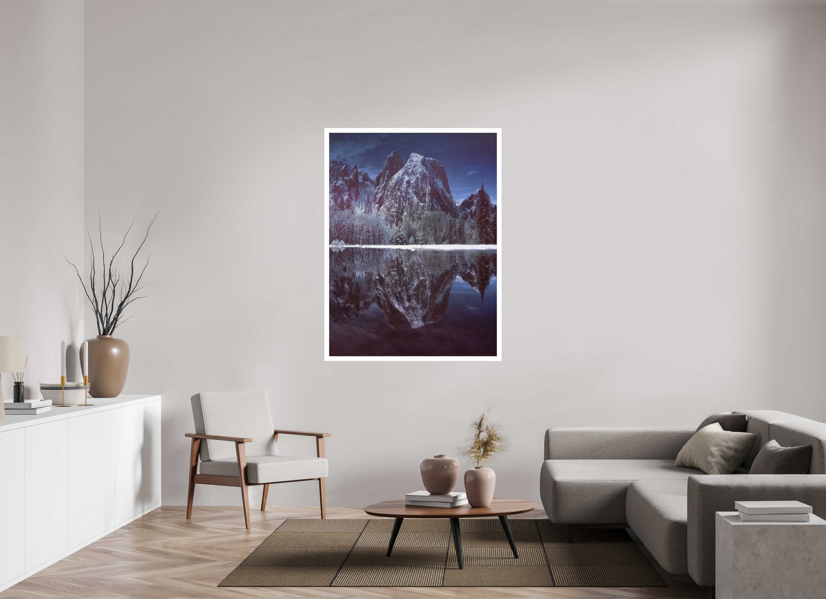 42 x 56″, Fine Art Bonded Acrylic Cathedral Rocks & Reflection in Snow