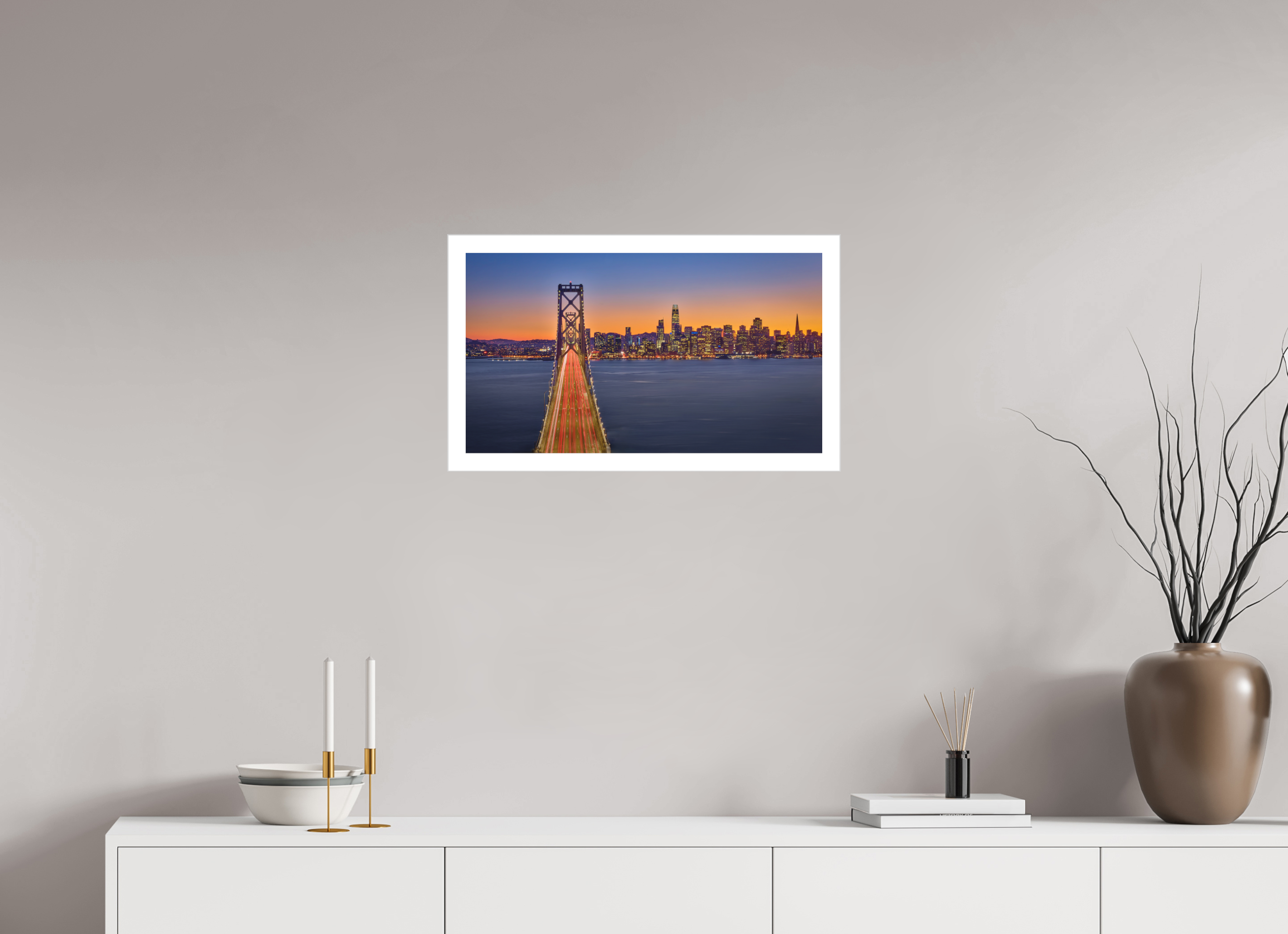 24 x 13.5″, Fine Art Bonded Acrylic Bay Bridge & Sunset Over San Francsico