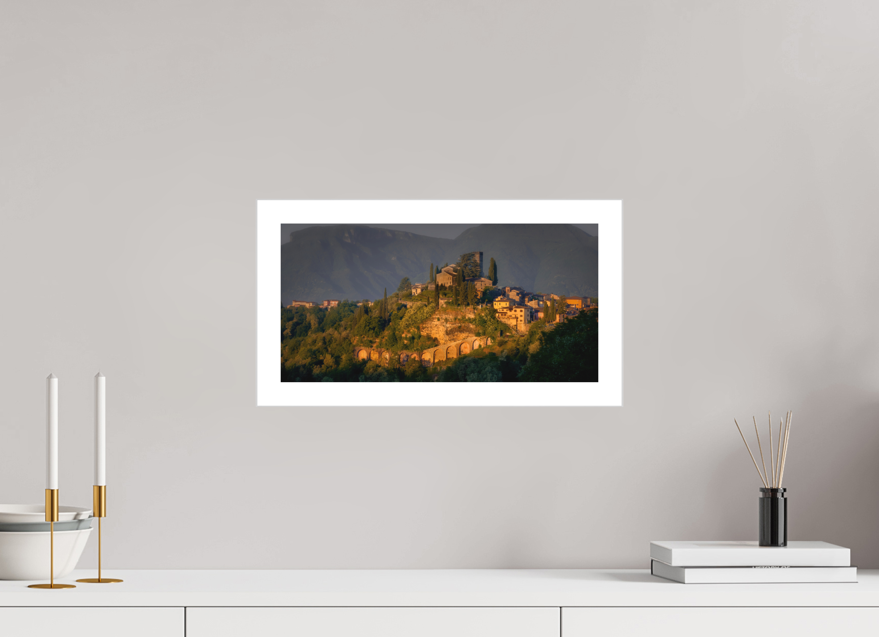 16 x 8″, Fine Art Bonded Acrylic Morning Glow on Barga, Tuscany
