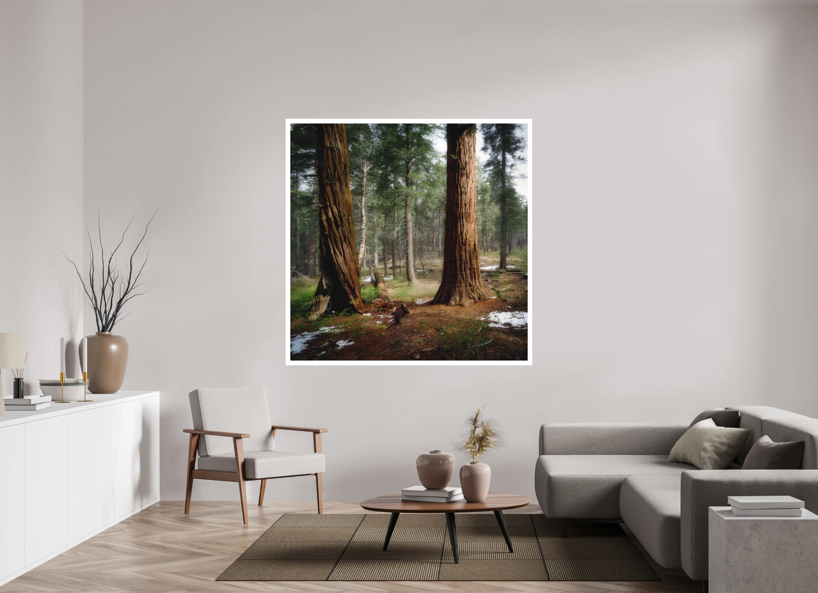 60 x 60″, Bonded Acrylic Mat + Silver Frame Northern Sentinels II: The Placer County Sequoias