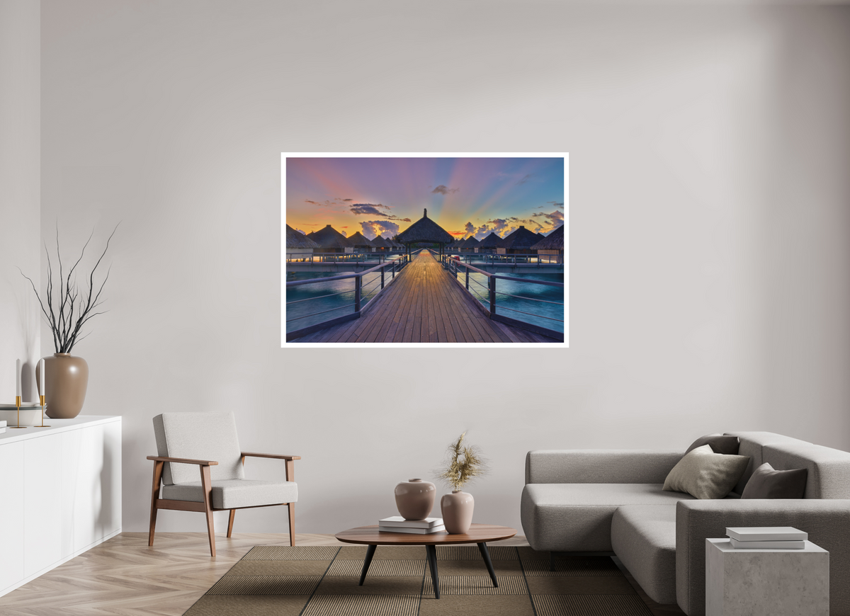 66 x 44″, Bonded Acrylic Mat + Silver Frame Sunrise Over Bora Bora Overwater Bungalows