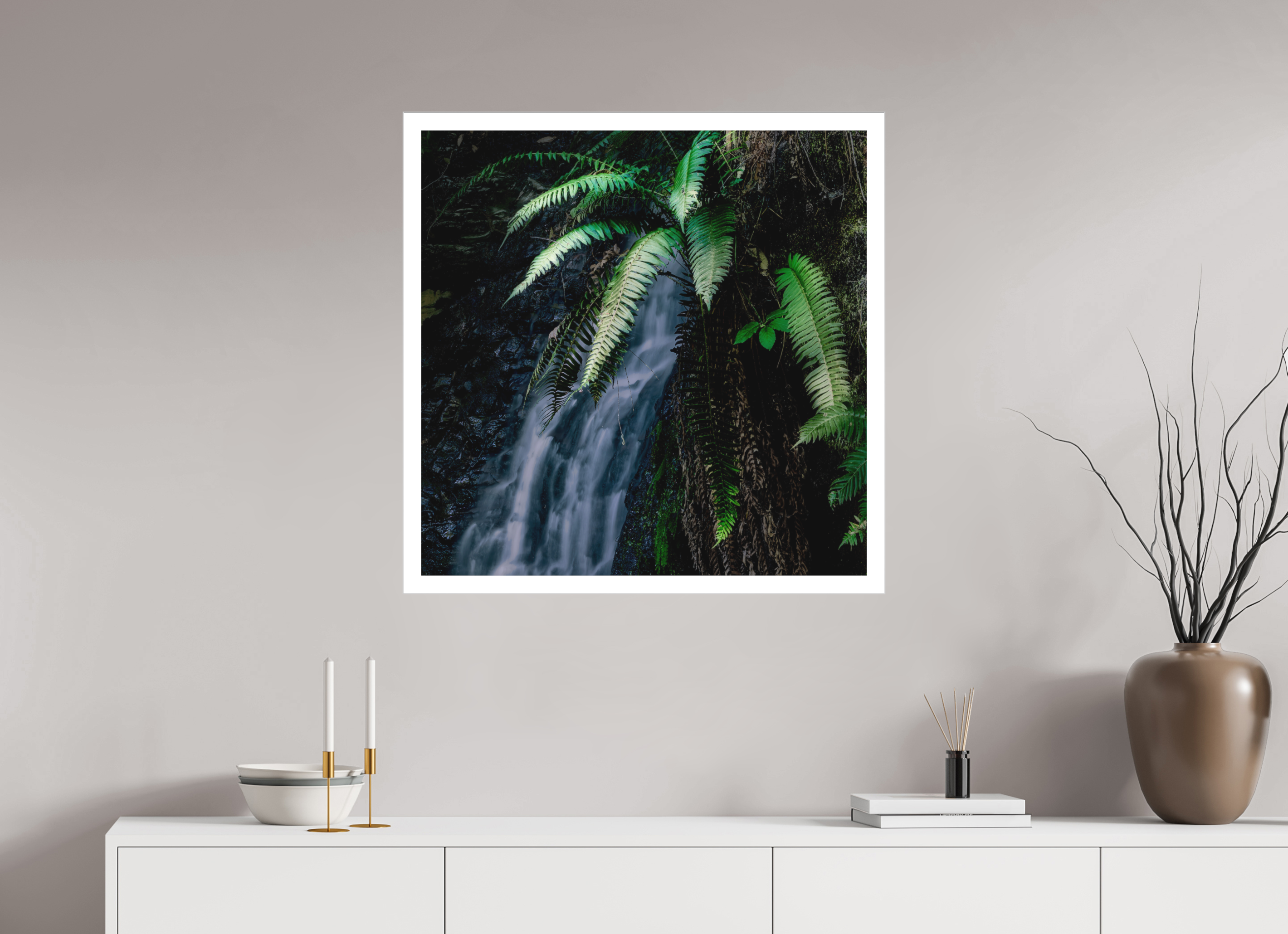 30 x 30″, Fine Art Bonded Acrylic Sword Ferns on Tiptoe FallsI