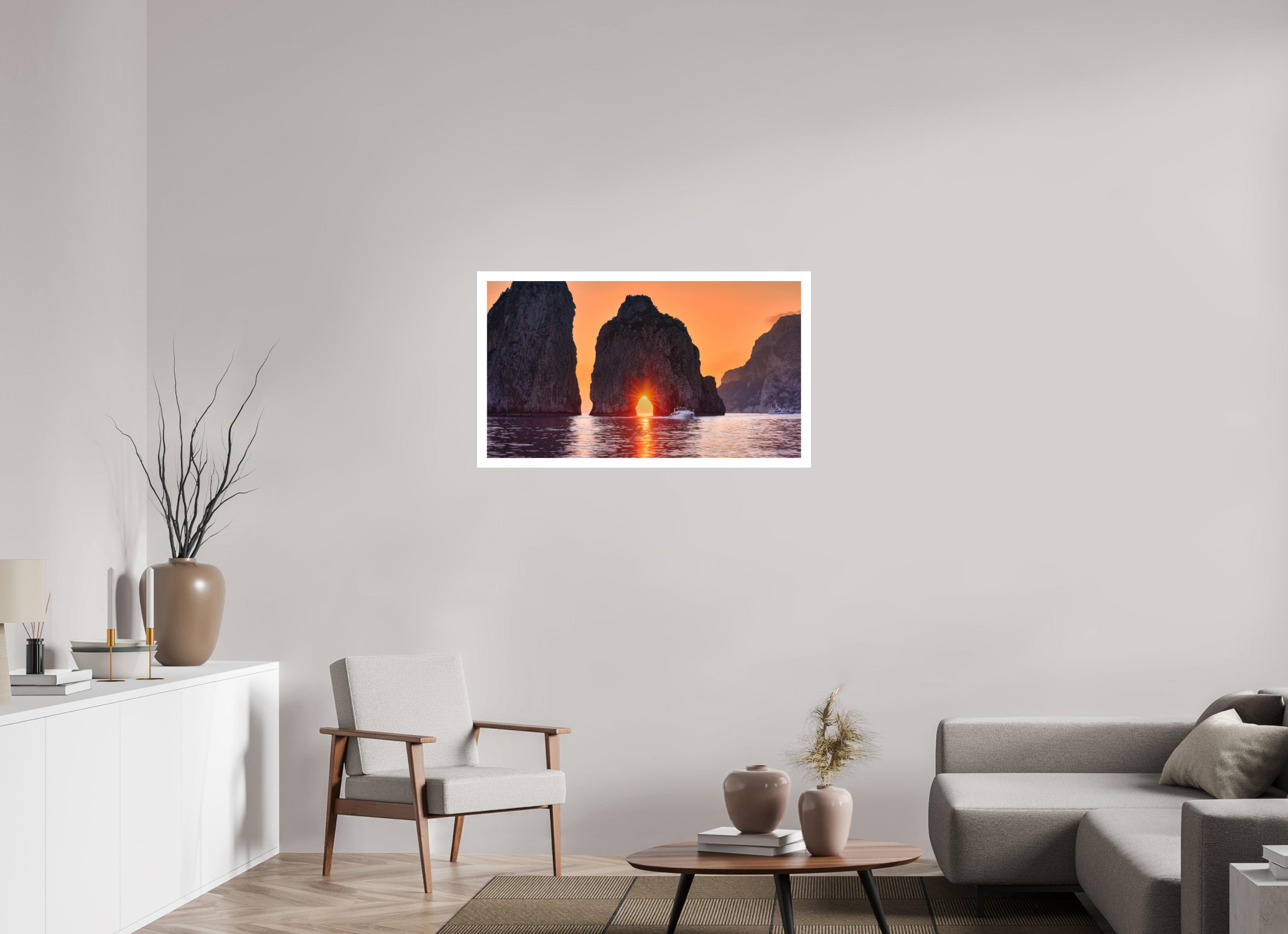 40 x 22.5″, Bonded Acrylic Mat + White Frame Leaving Capri—Faraglioni Sunstar at Sunset