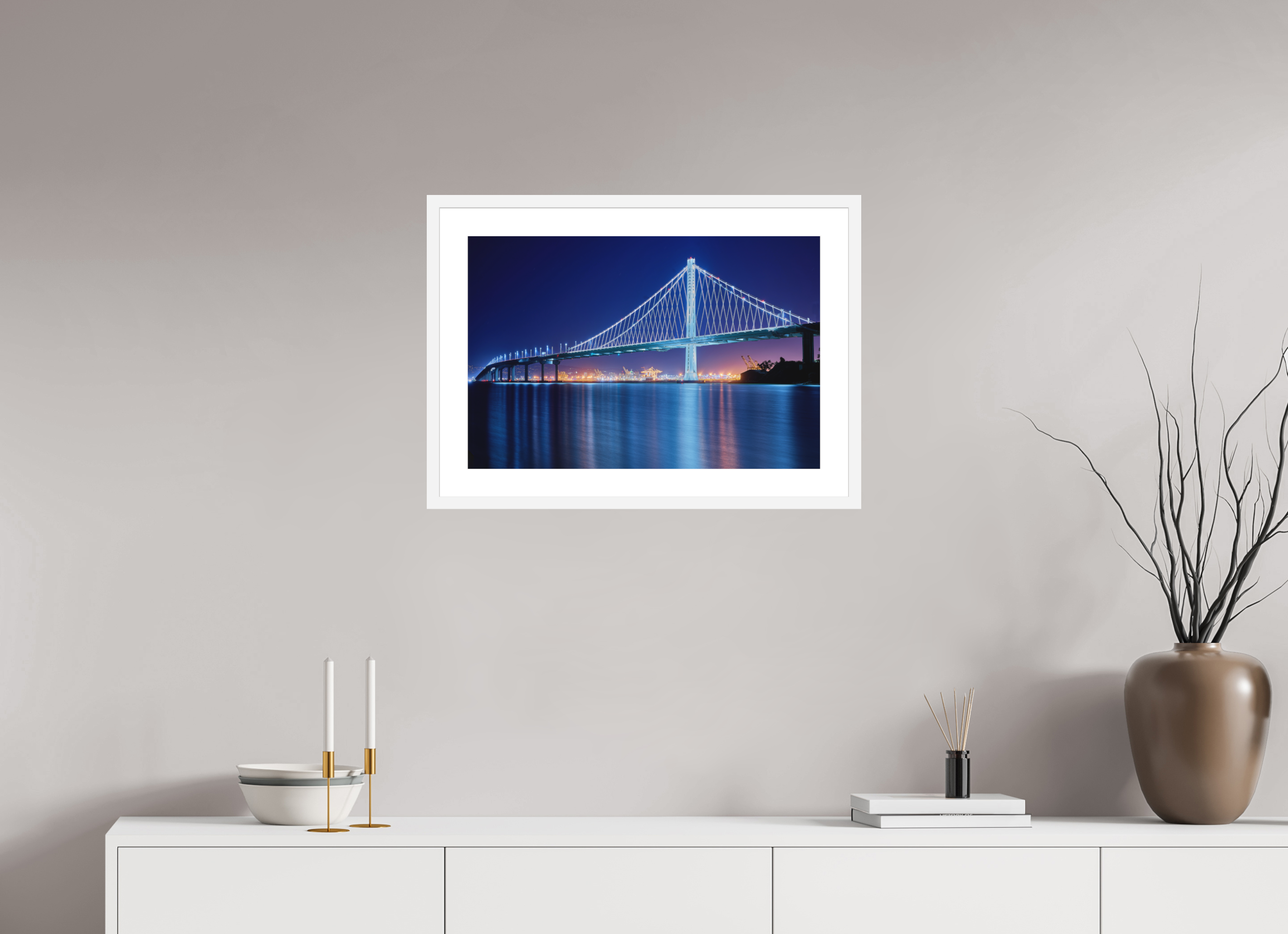 24 x 16″, Passe-Partout White Frame The Bay Bridge at Night