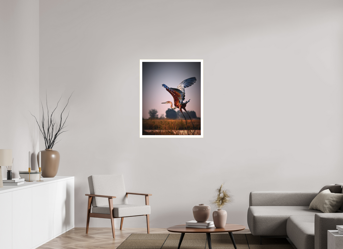 28 x 35″, Bonded Acrylic Mat + Gold Frame Goliath Heron Takes Flight on the Chobe River
