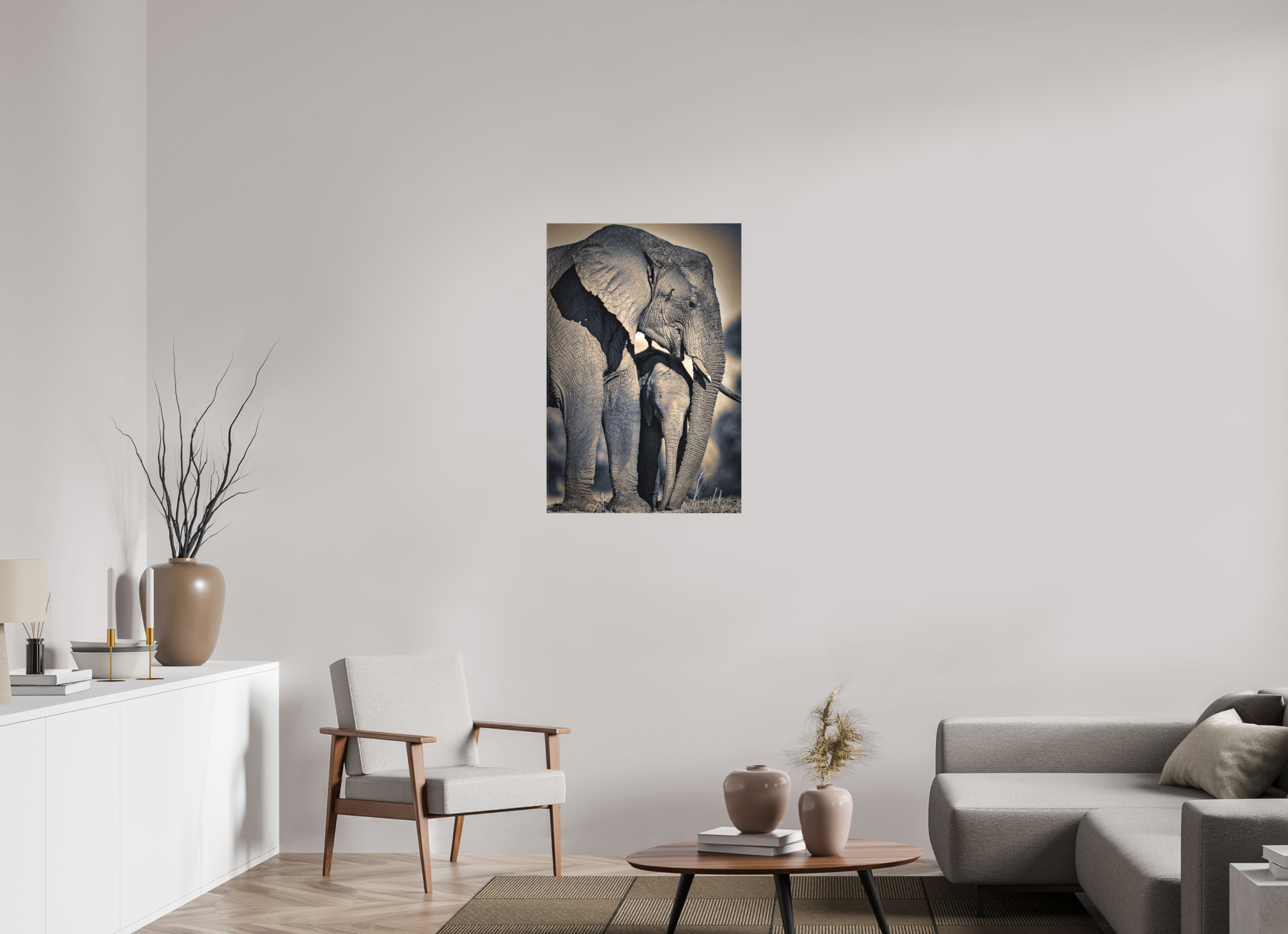 24 x 36″, Fine Art Textile Mother Elephant & Calf