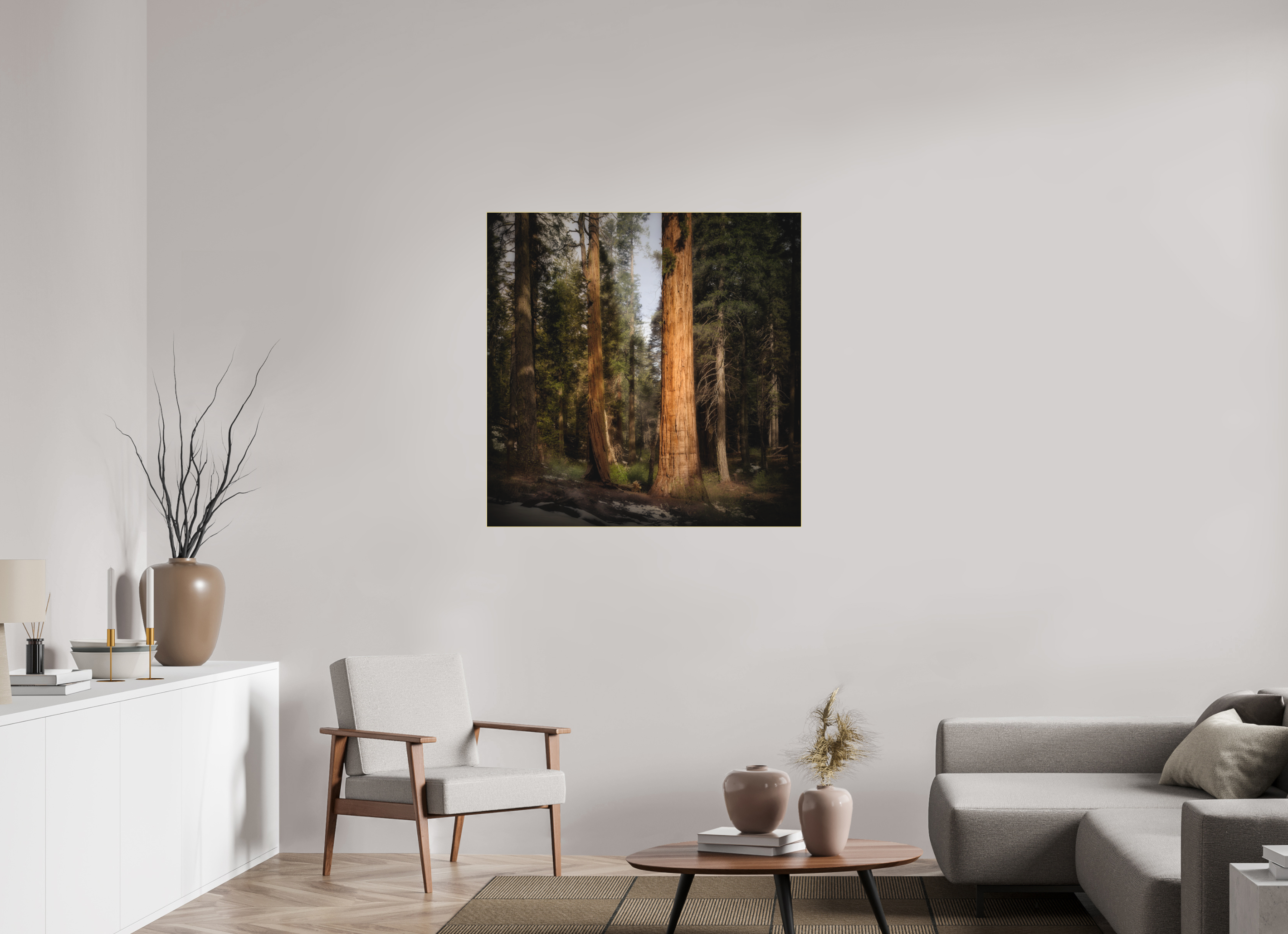 40 x 40″, Bonded Acrylic Gold Frame Northern Sentinels I: The Placer County Sequoias